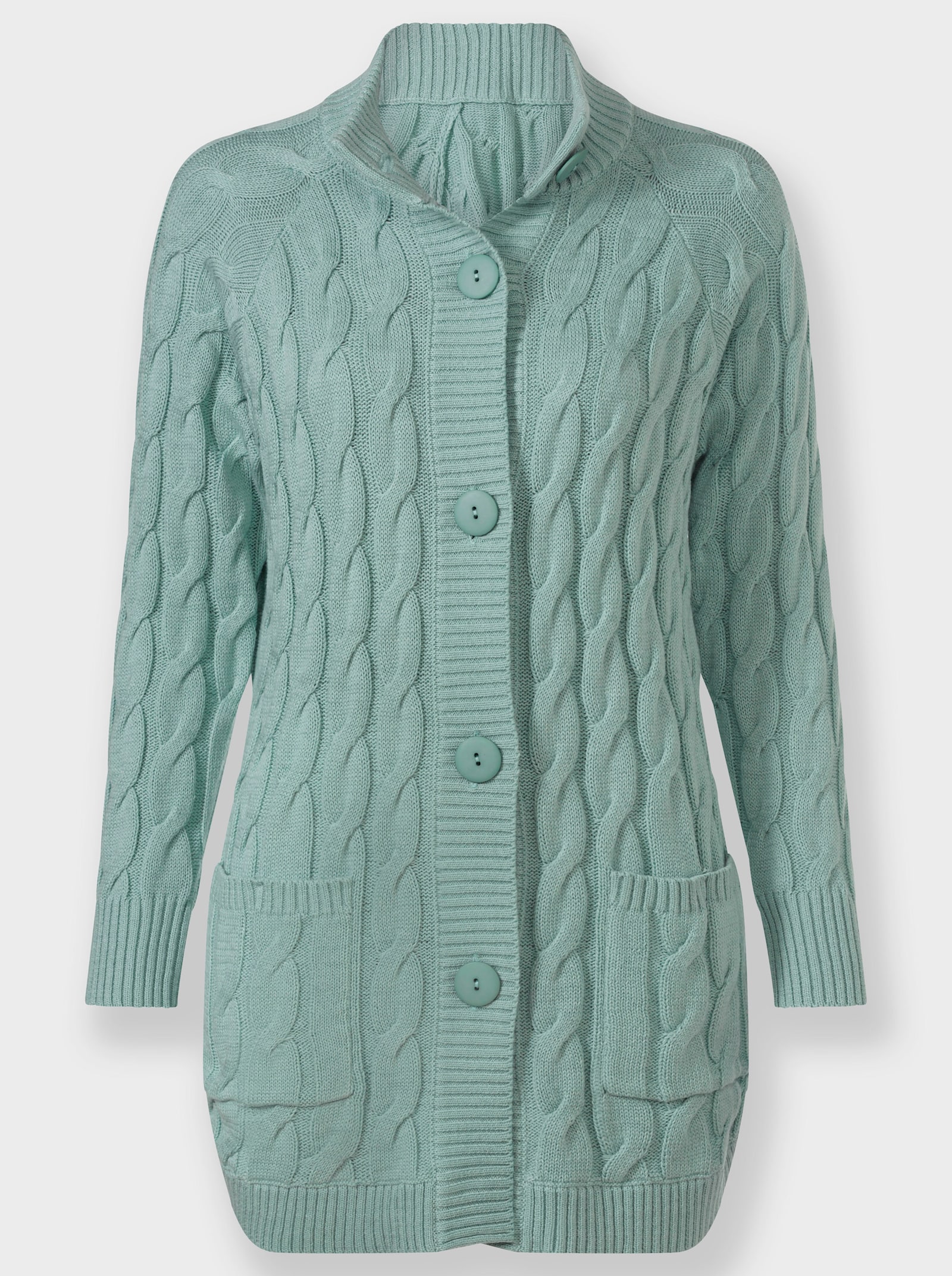 Longstrickjacke mit Zopf-Strickmuster - kalkmint