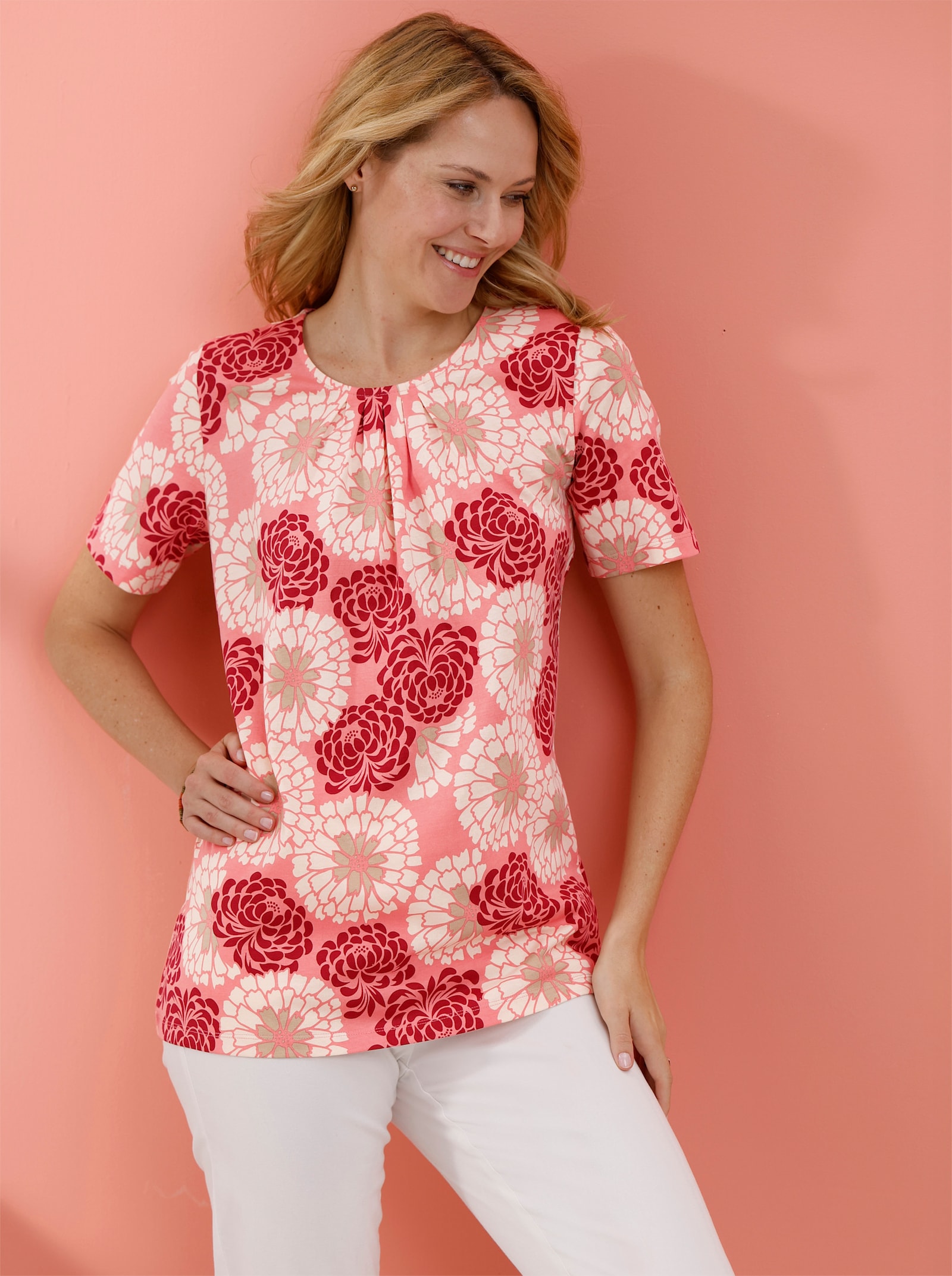 Longshirt in schmeichelnder A-Linie - flamingo-kirsche-bedruckt
