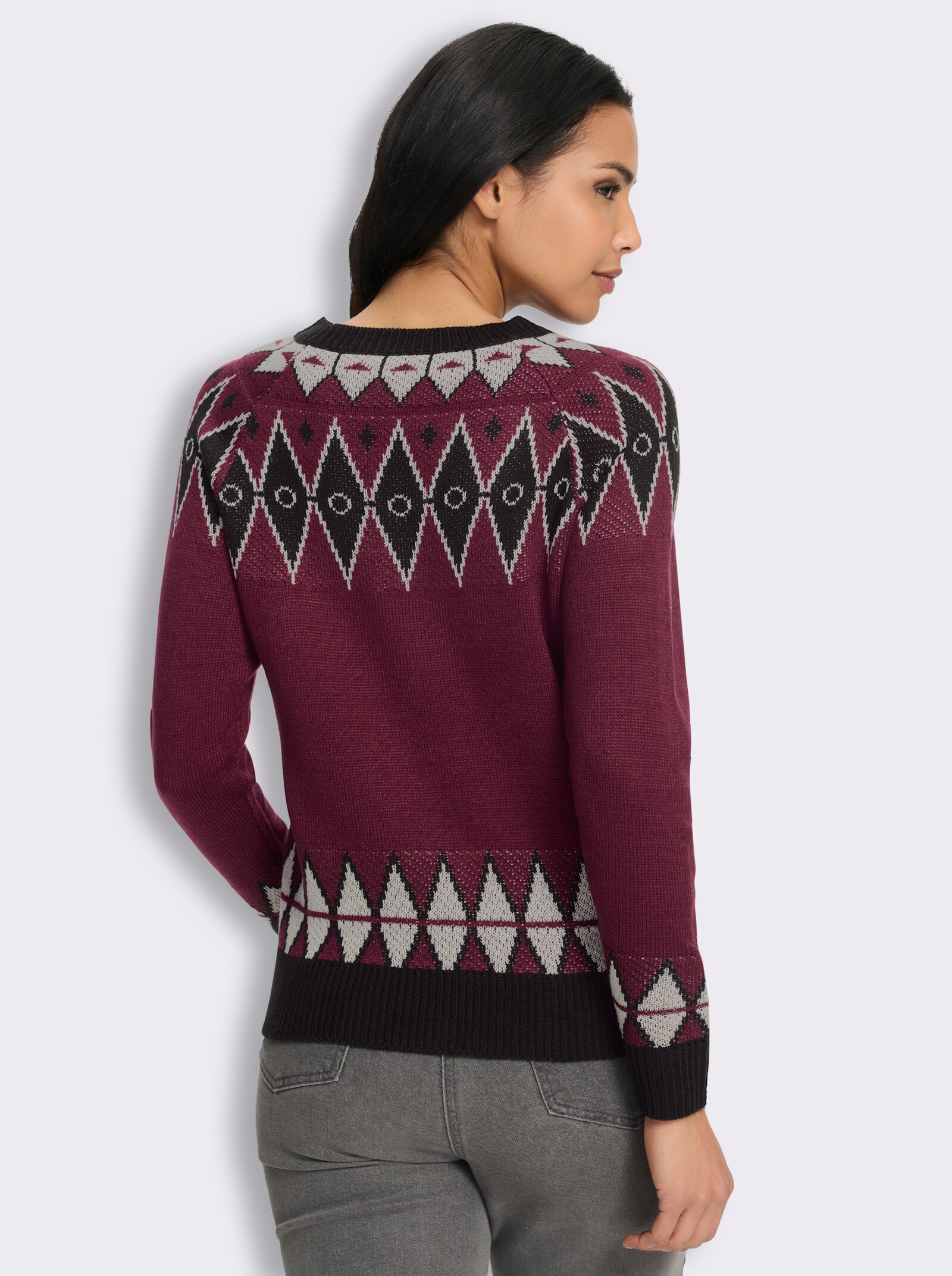 Rundhalspullover im attraktiven Jacquardmuster - bordeaux-schwarz-gemustert