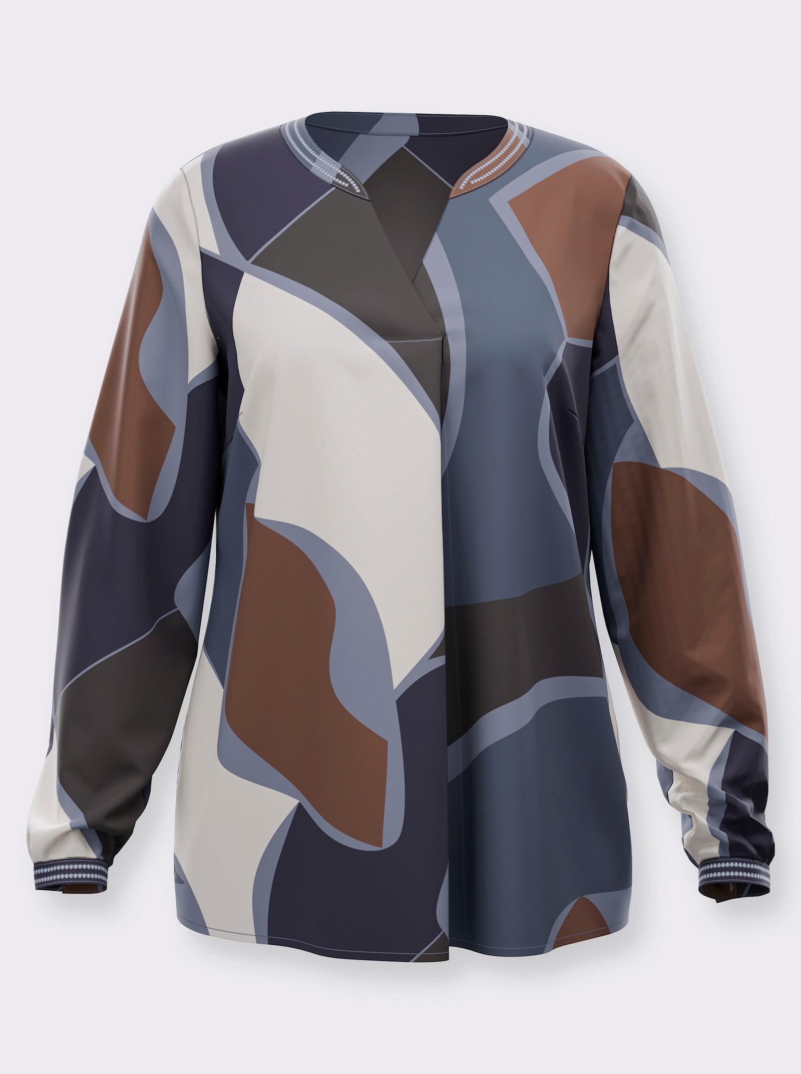 Langarm-Bluse in Satin-Qualität - rauchblau-champagner-bedruckt