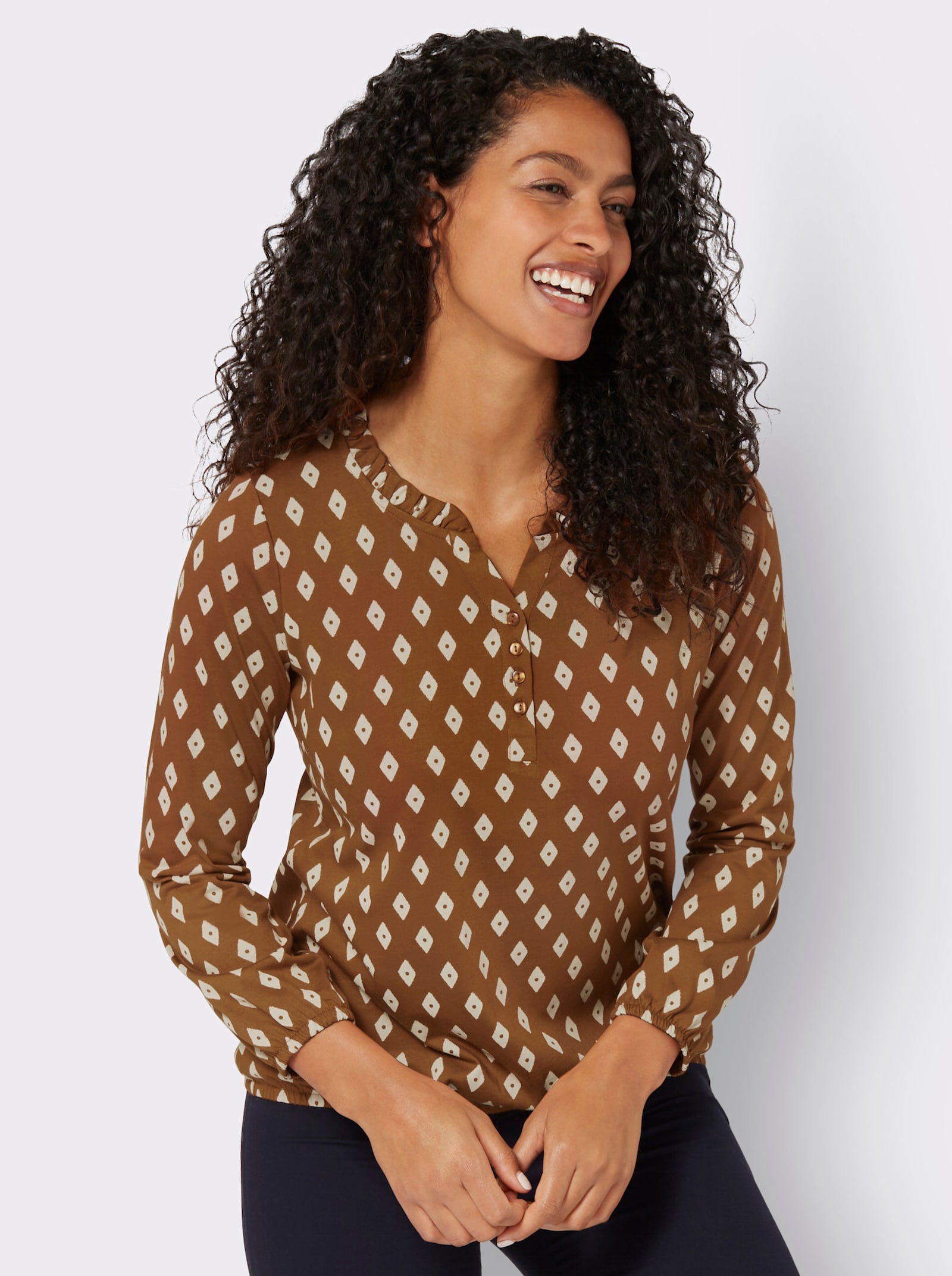 Shirt met lange mouwen en ruches bij de hals - cognac/ecru bedrukt