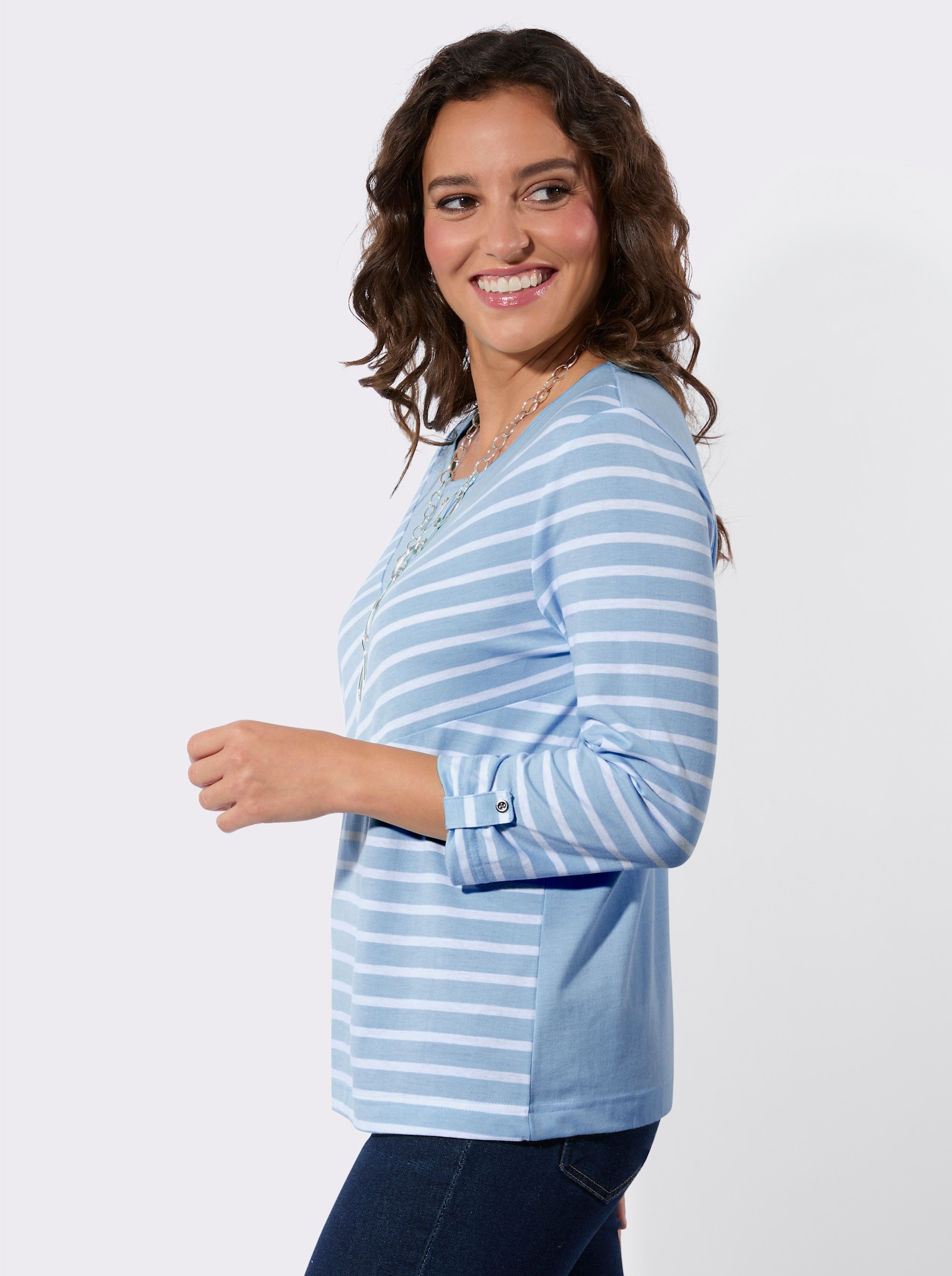 Ringelshirt mit Zierknöpfen - hellblau-ecru-gemustert