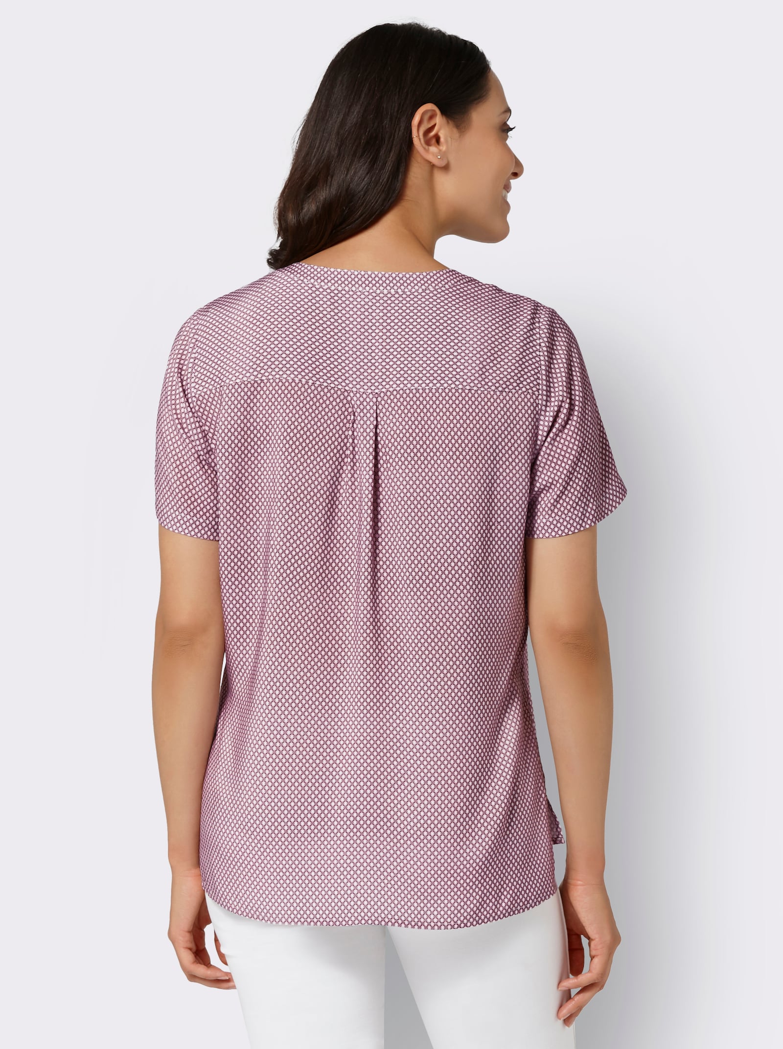 Comfortabele blouse in minimalistisch dessin, van viscose - hortensia/bessenrood bedrukt