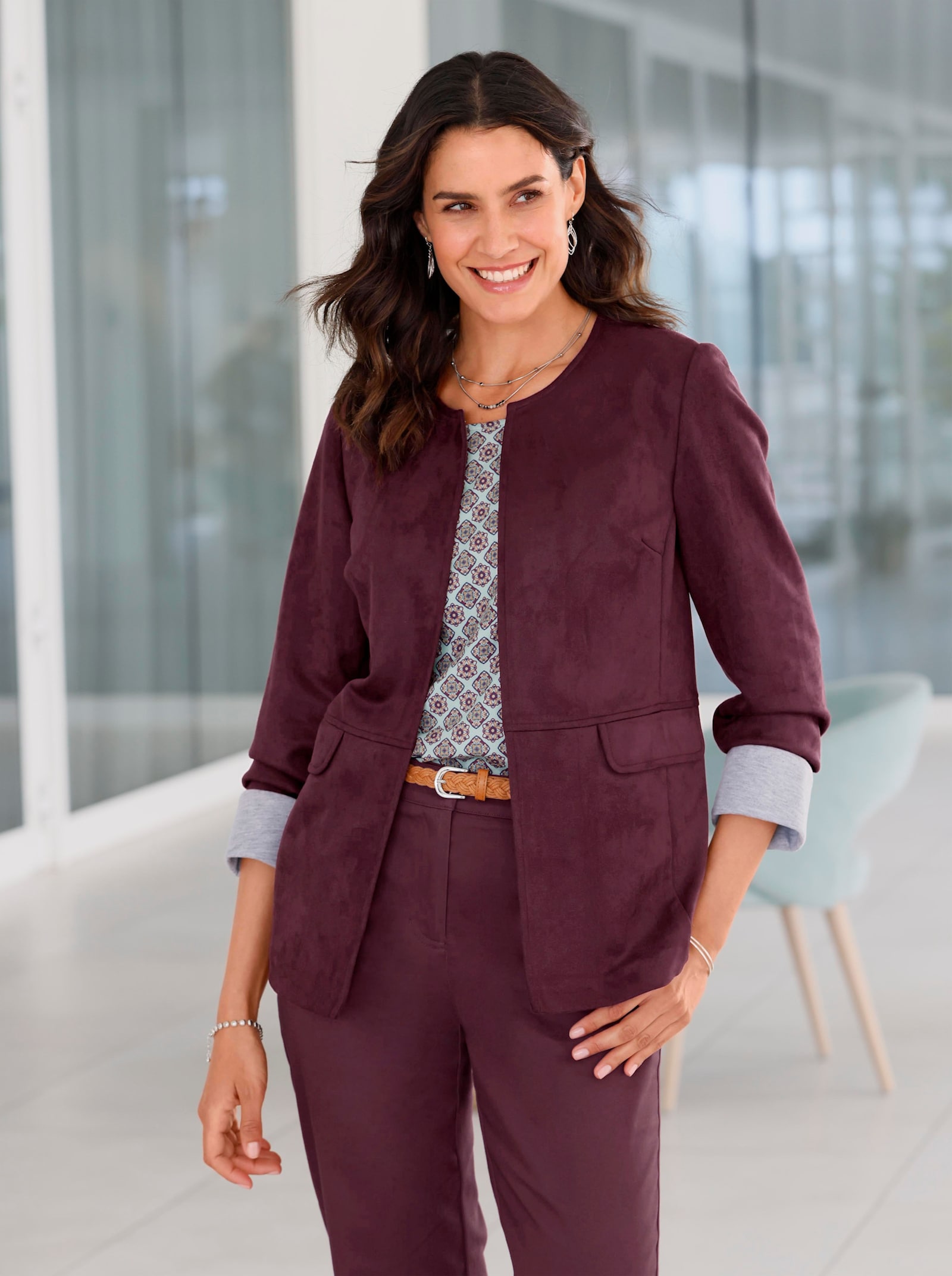 Blazer van imitatieleer in velourslook - bordeaux