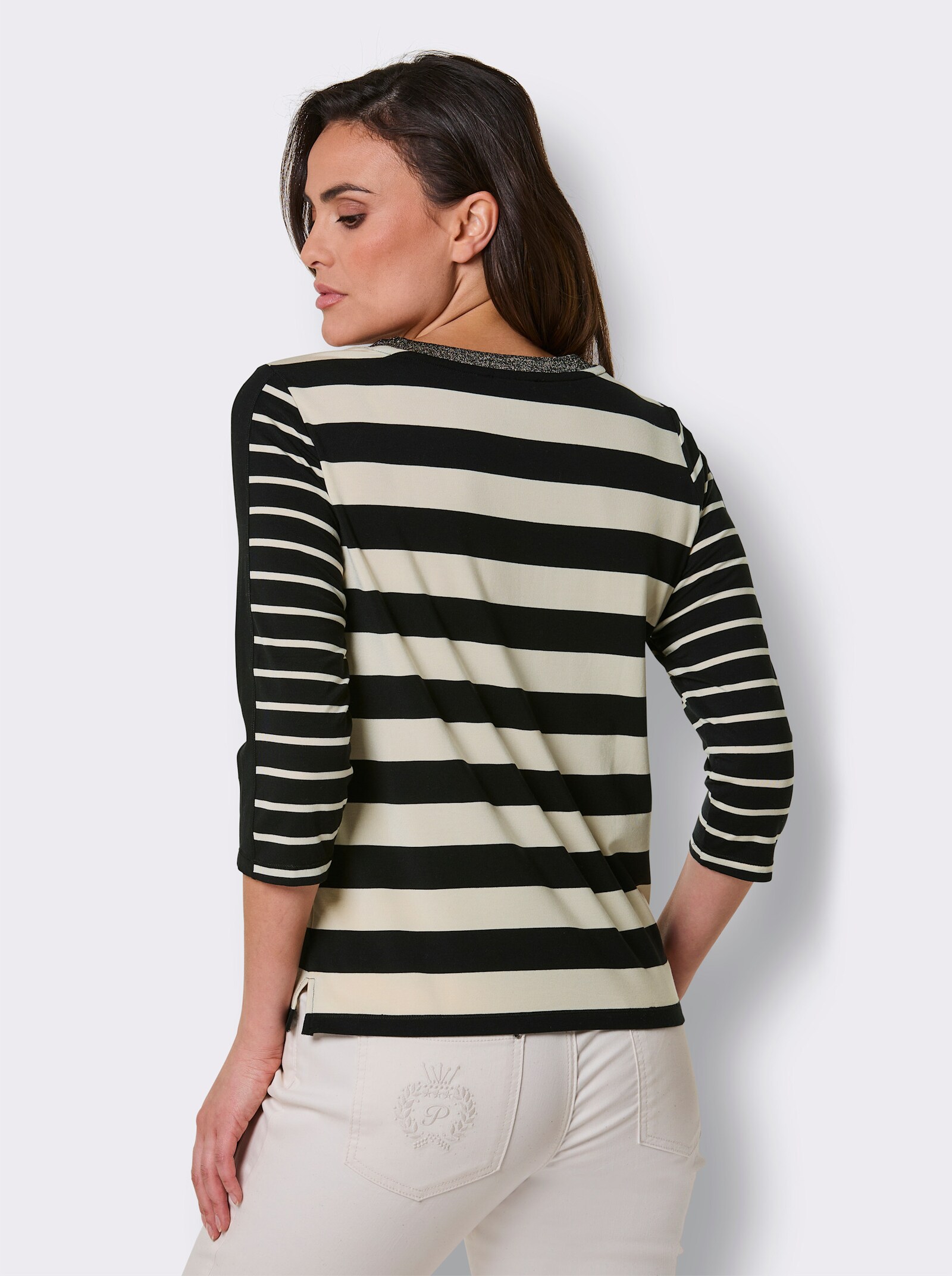 CREATION L PREMIUM Ringelshirt mit Glanzgarn - schwarz-elfenbein-gestreift