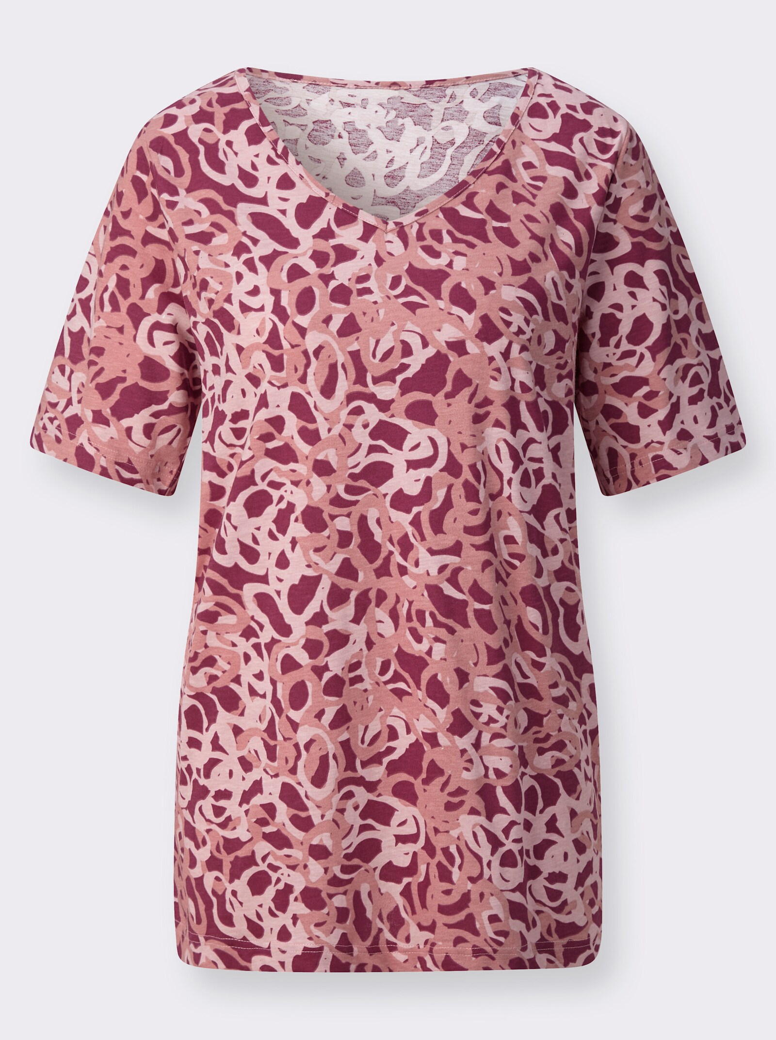 V-Shirt mit Seitenschlitzen - rosenholz-rosenquarz-bedruckt