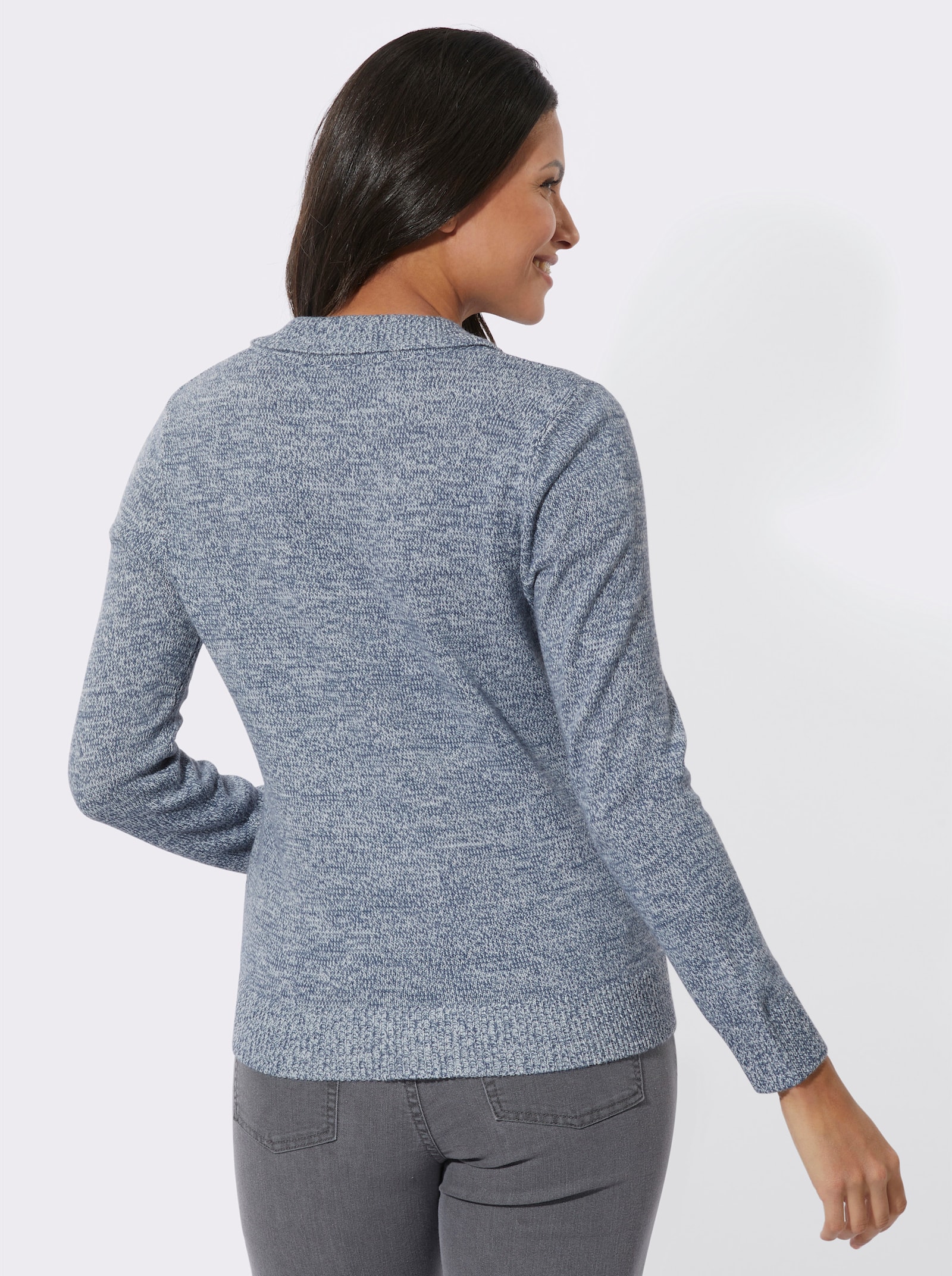 Polopullover mit Knopfleiste - rauchblau-ecru-meliert