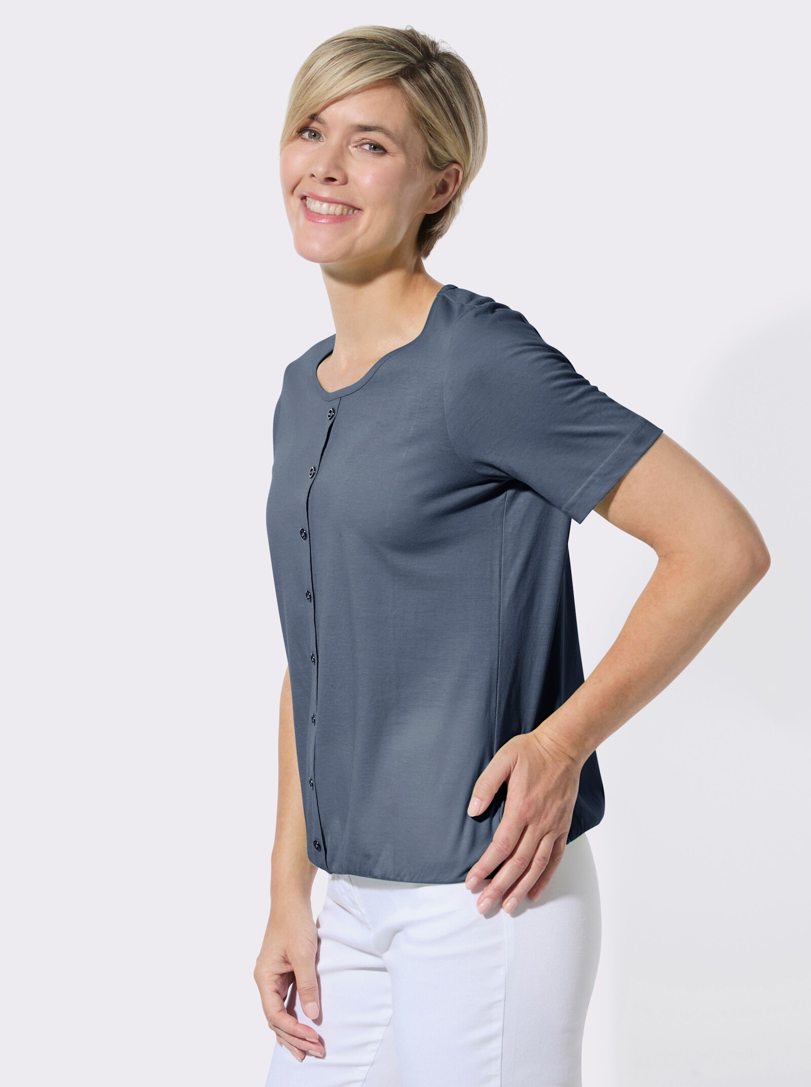 Kurzarmshirt mit Zierknöpfen - dunkelblau
