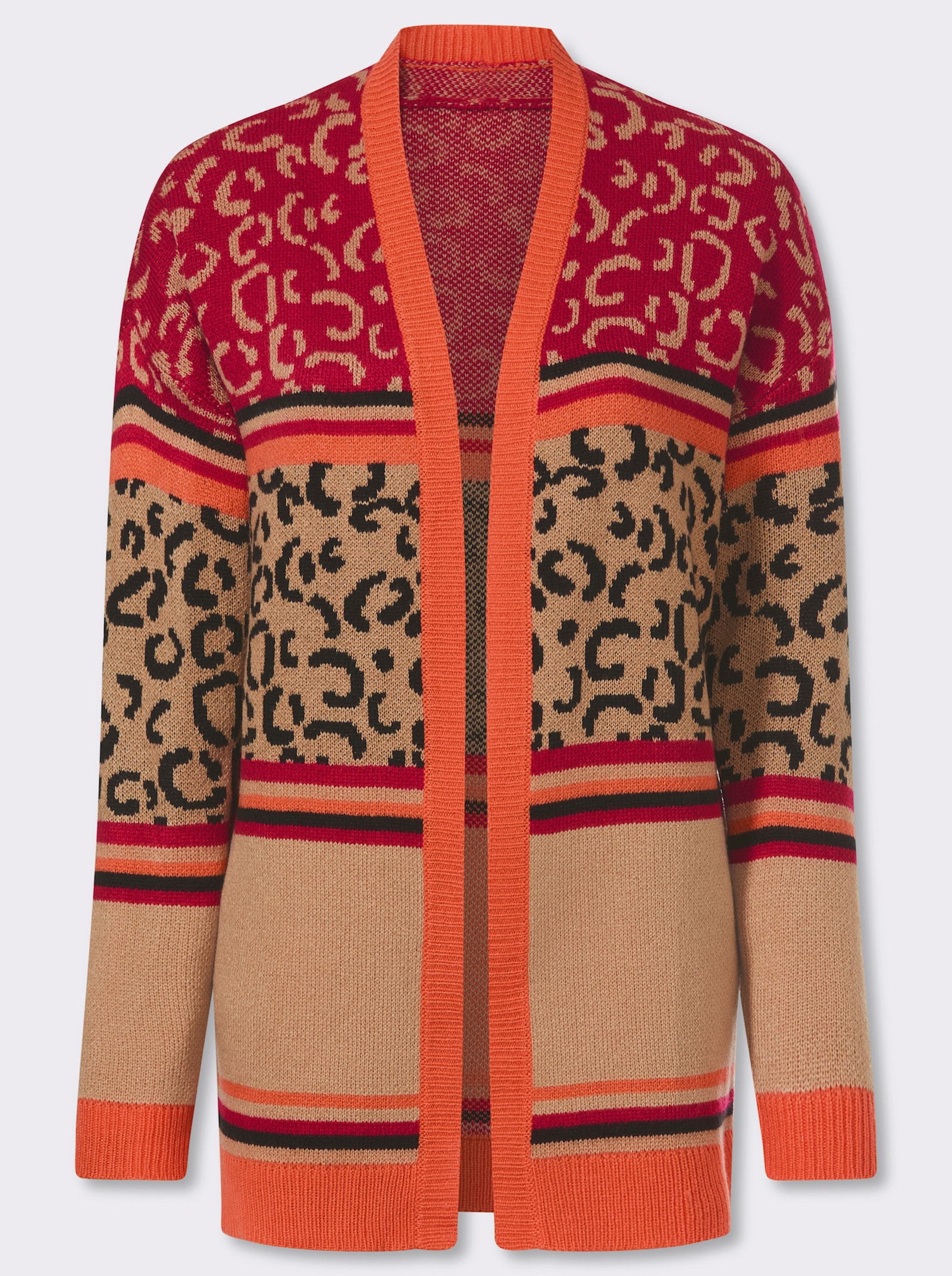 Longstrickjacke mit Leo-Muster und Streifen - camel-orange-gemustert