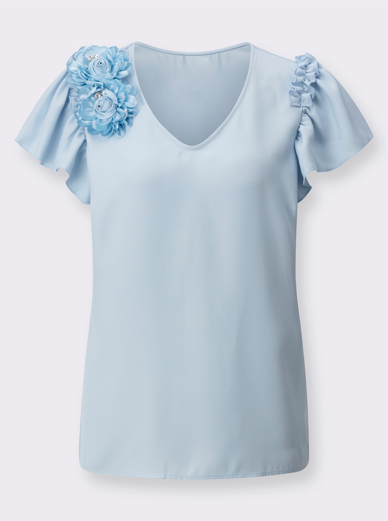 Kurzarmbluse mit Blüten-Applikation - hellblau