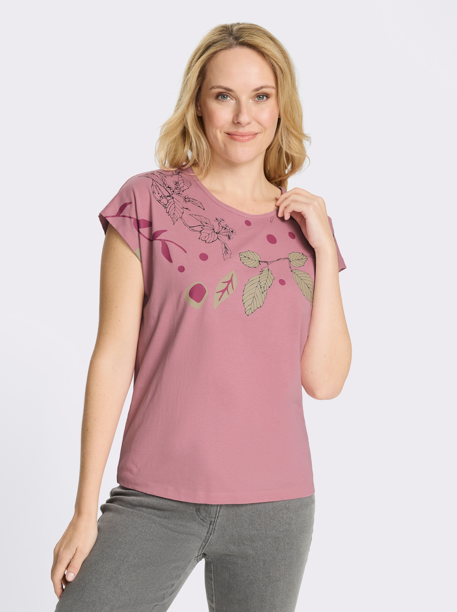 Rundhalsshirt mit platziertem Druck - altrosa-magenta-bedruckt
