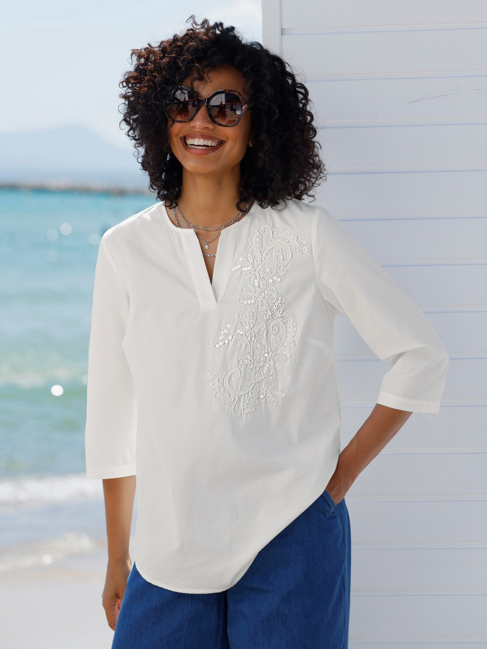 heine Katoenen blouse met pailletten - ecru