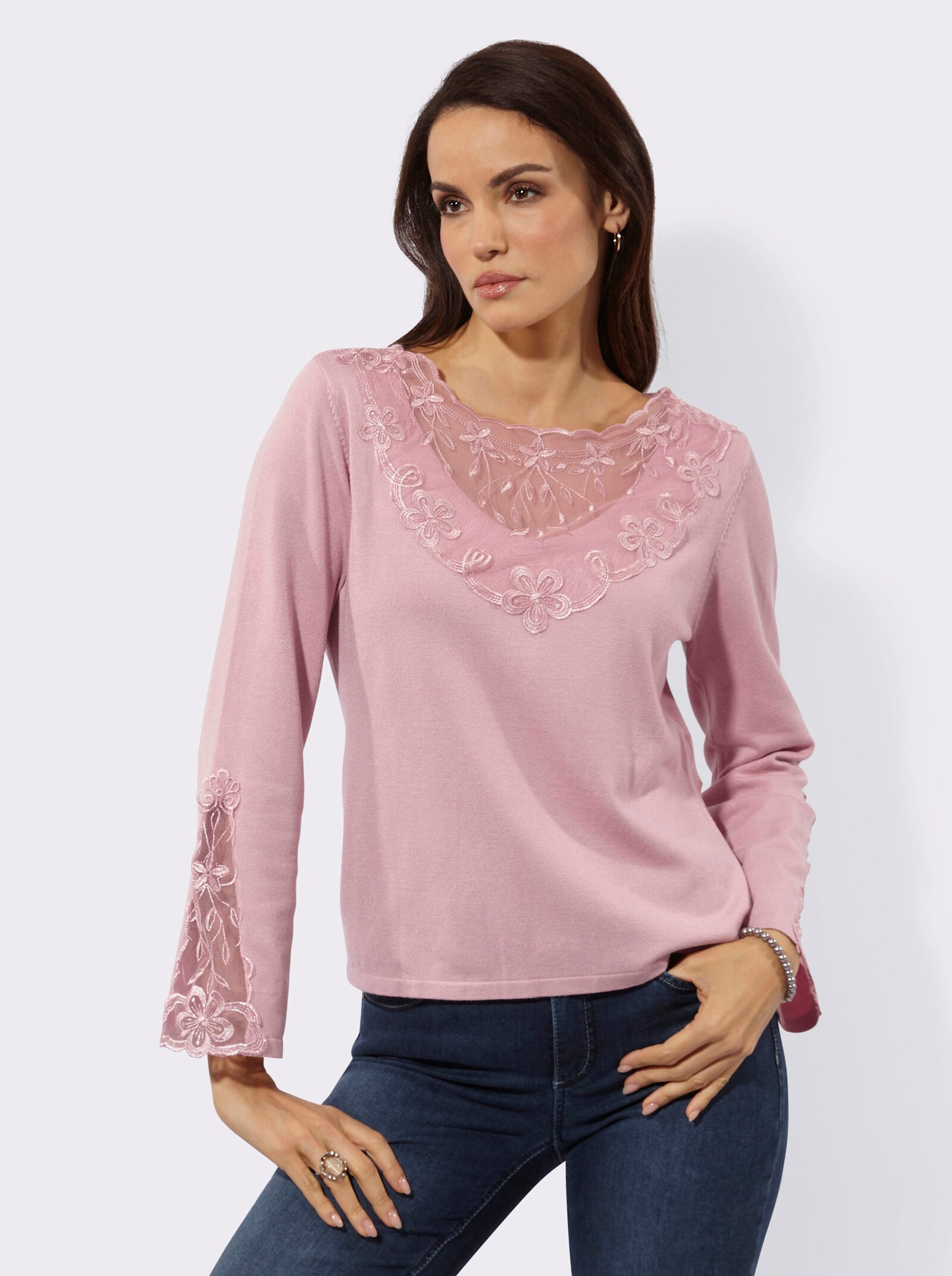 Feinstrickpullover mit Spitzen-Details - hortensie