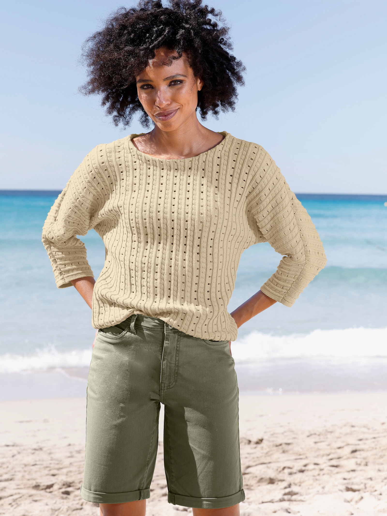 heine Ajourpullover mit Fledermausärmeln - sand