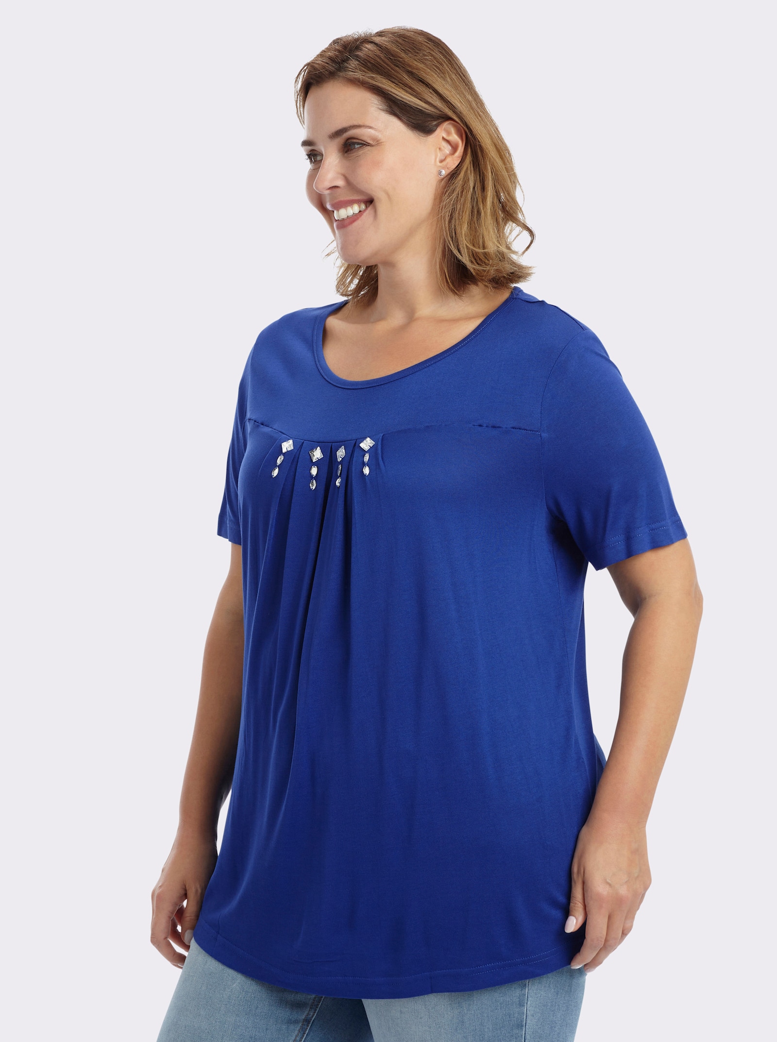 Kurzarmshirt mit Ziersteinchen, reine Viskose - royalblau