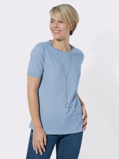 Rundhalsshirt mit Ajourmuster an Kragen und Ärmeln - eisblau