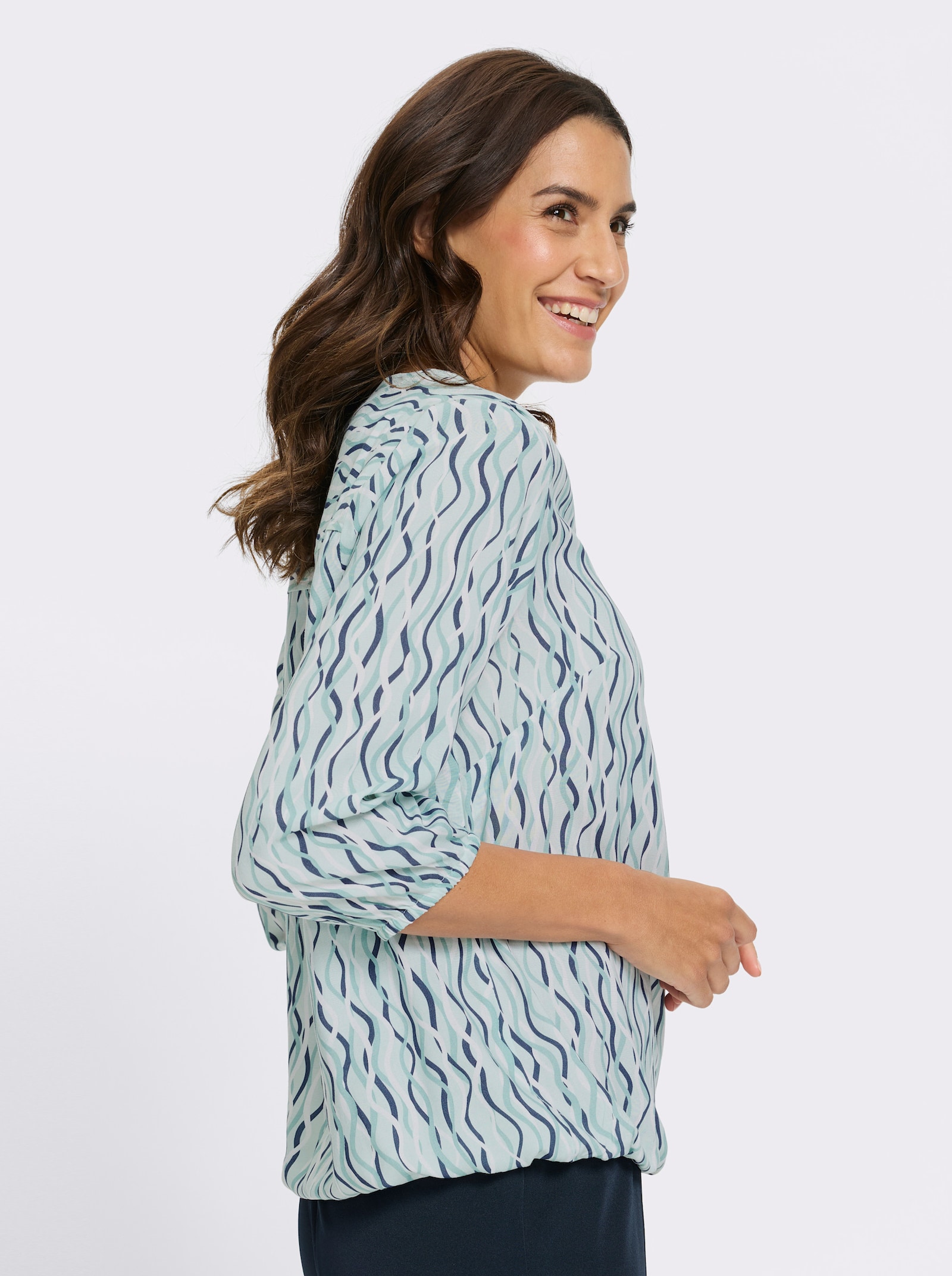 Druckbluse mit Gummizug am Saum - kalkmint-weiß-bedruckt