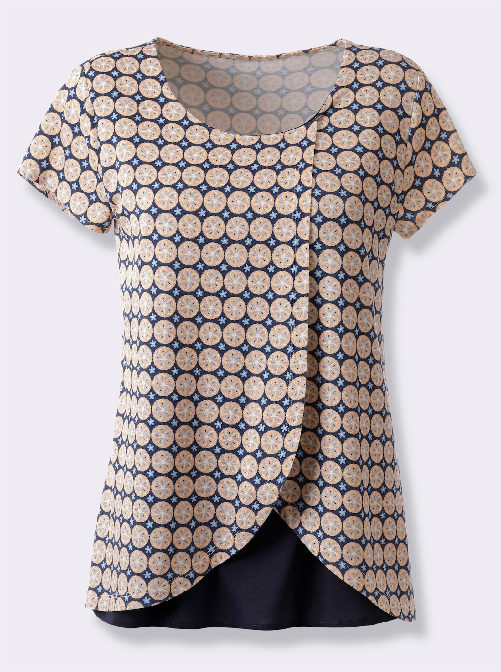 Kurzarmshirt im Lagen-Look - apricot-weiß-bedruckt