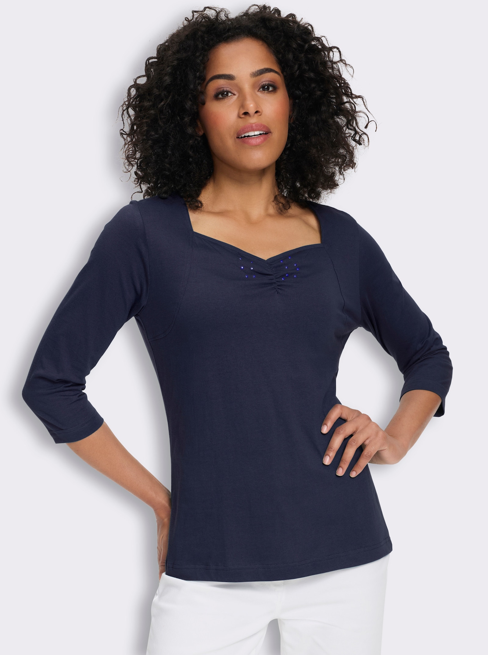 3/4-Arm-Shirt mit Herz-Ausschnitt, Baumwolle - marine