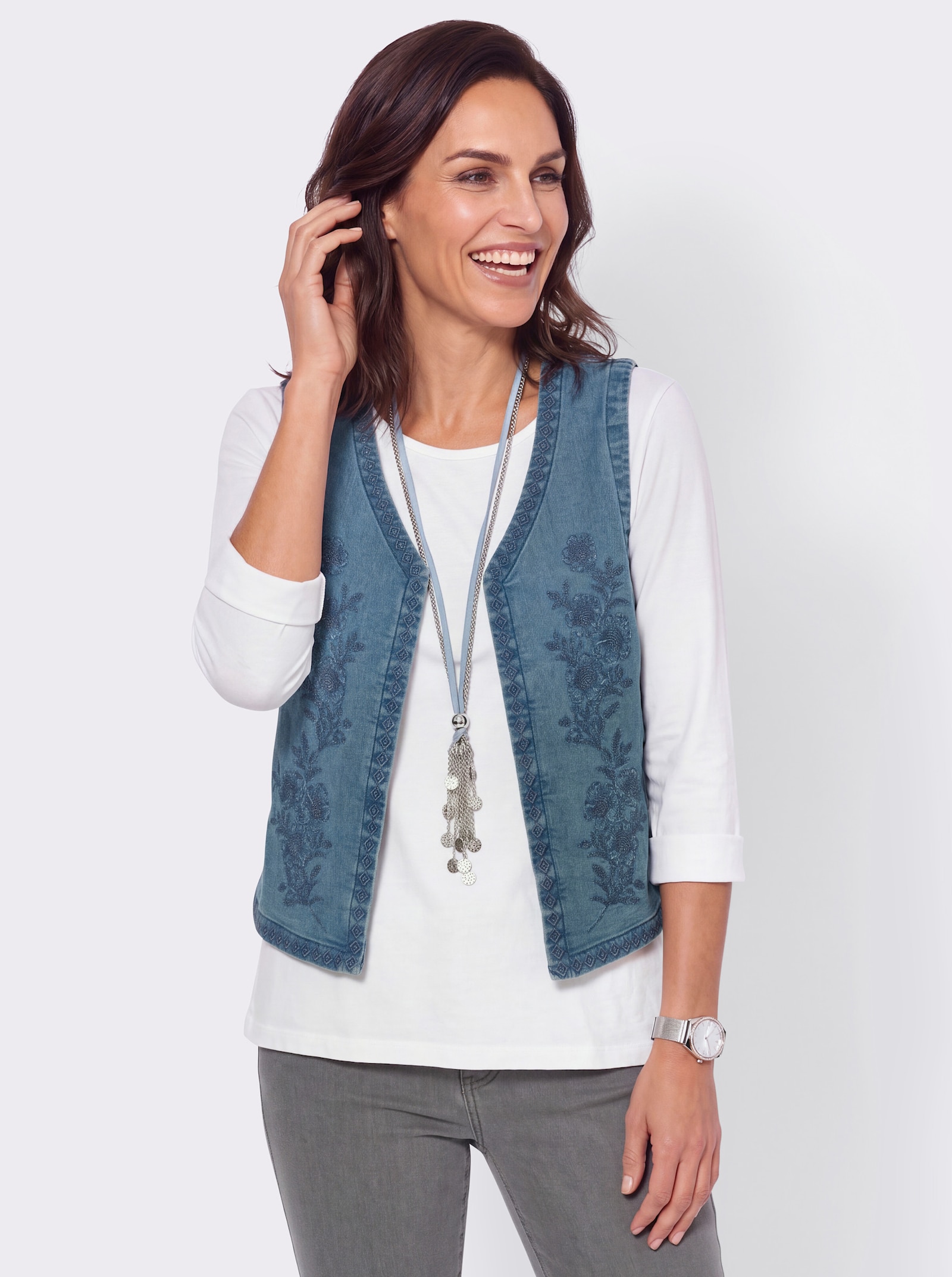Jeansweste mit Blütenstickerei - blue-bleached