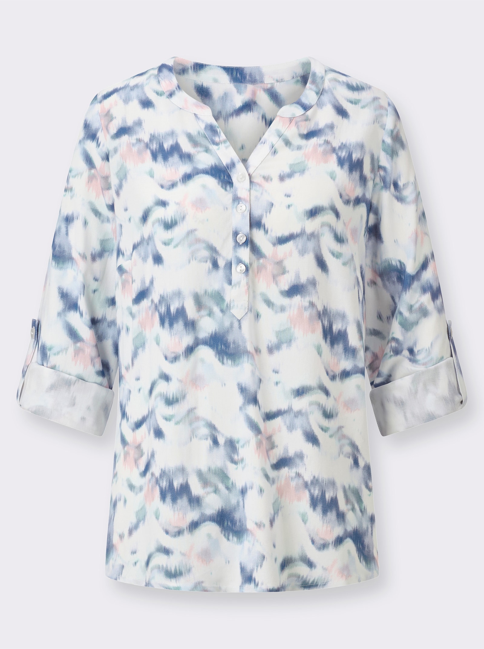 Druckbluse mit Krempelärmel - ecru-jeansblau-bedruckt