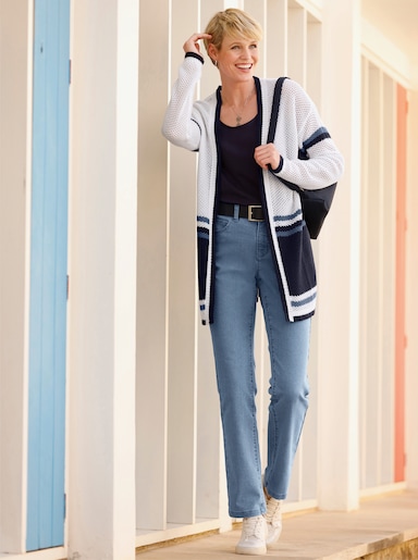 Ajourstrickjacke in offener Longform - weiß-marine-gestreift