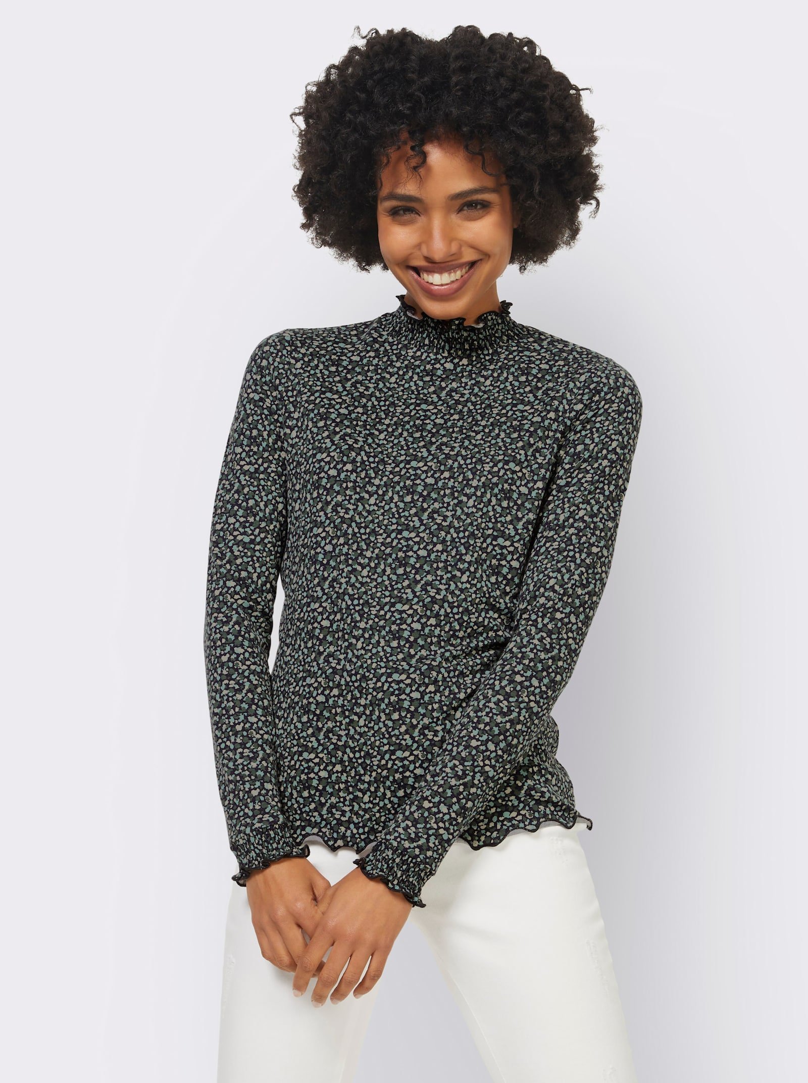 heine Langarmshirt mit Smok-Partien - moos-khaki-bedruckt