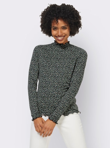 heine Langarmshirt mit Smok-Partien - moos-khaki-bedruckt