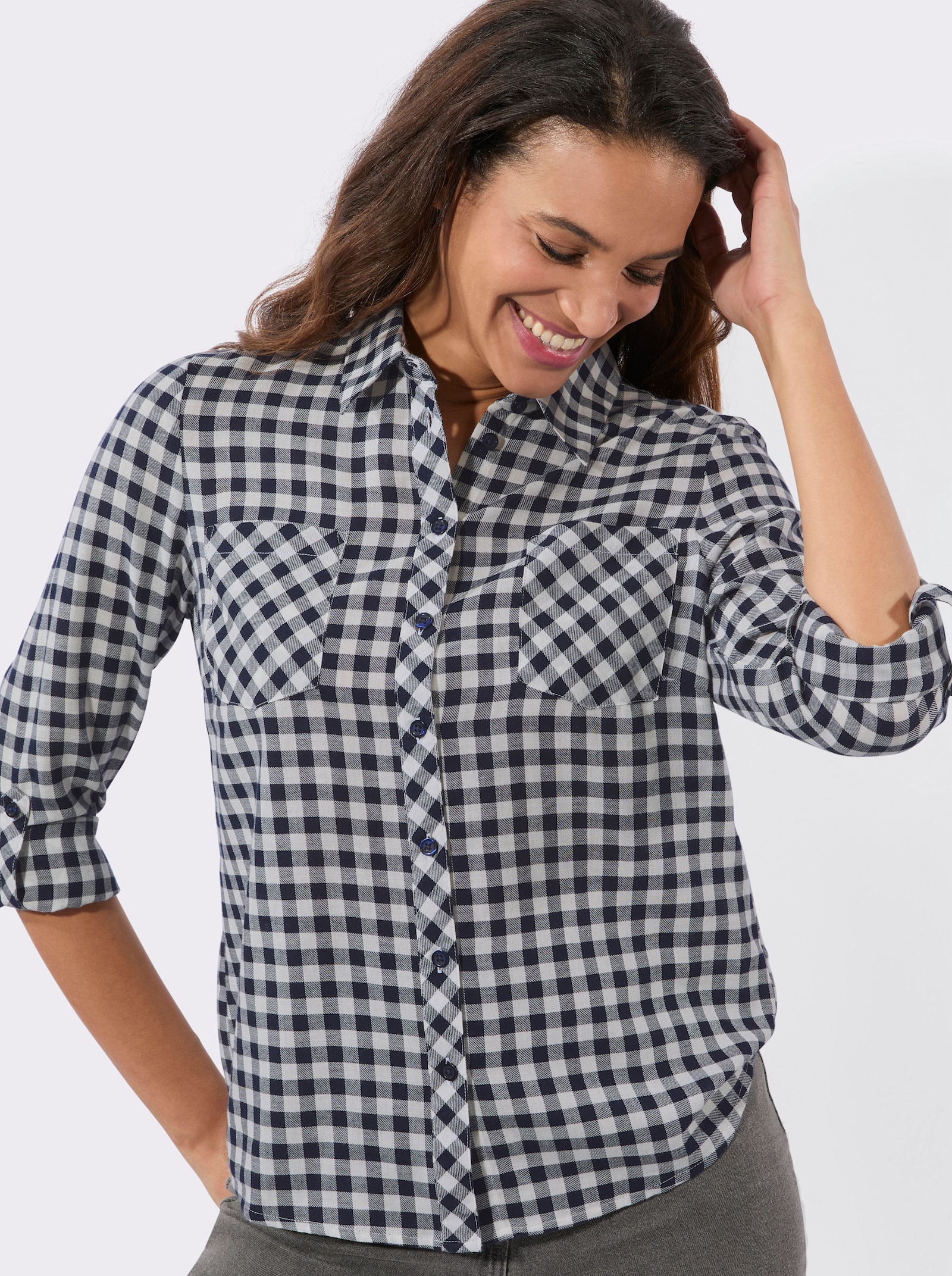 Flanellbluse im Karo-Dessin - marine-ecru-kariert