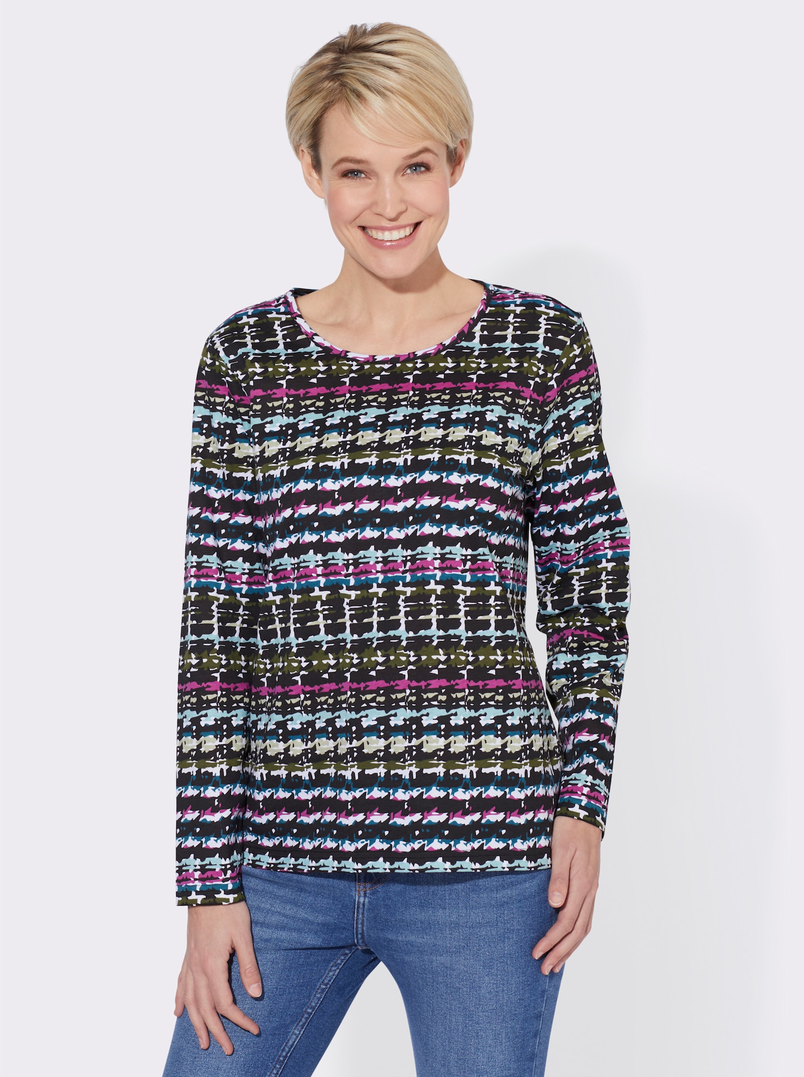 Rundhalsshirt paspelierter Ausschnitt - ecru-topas-bedruckt