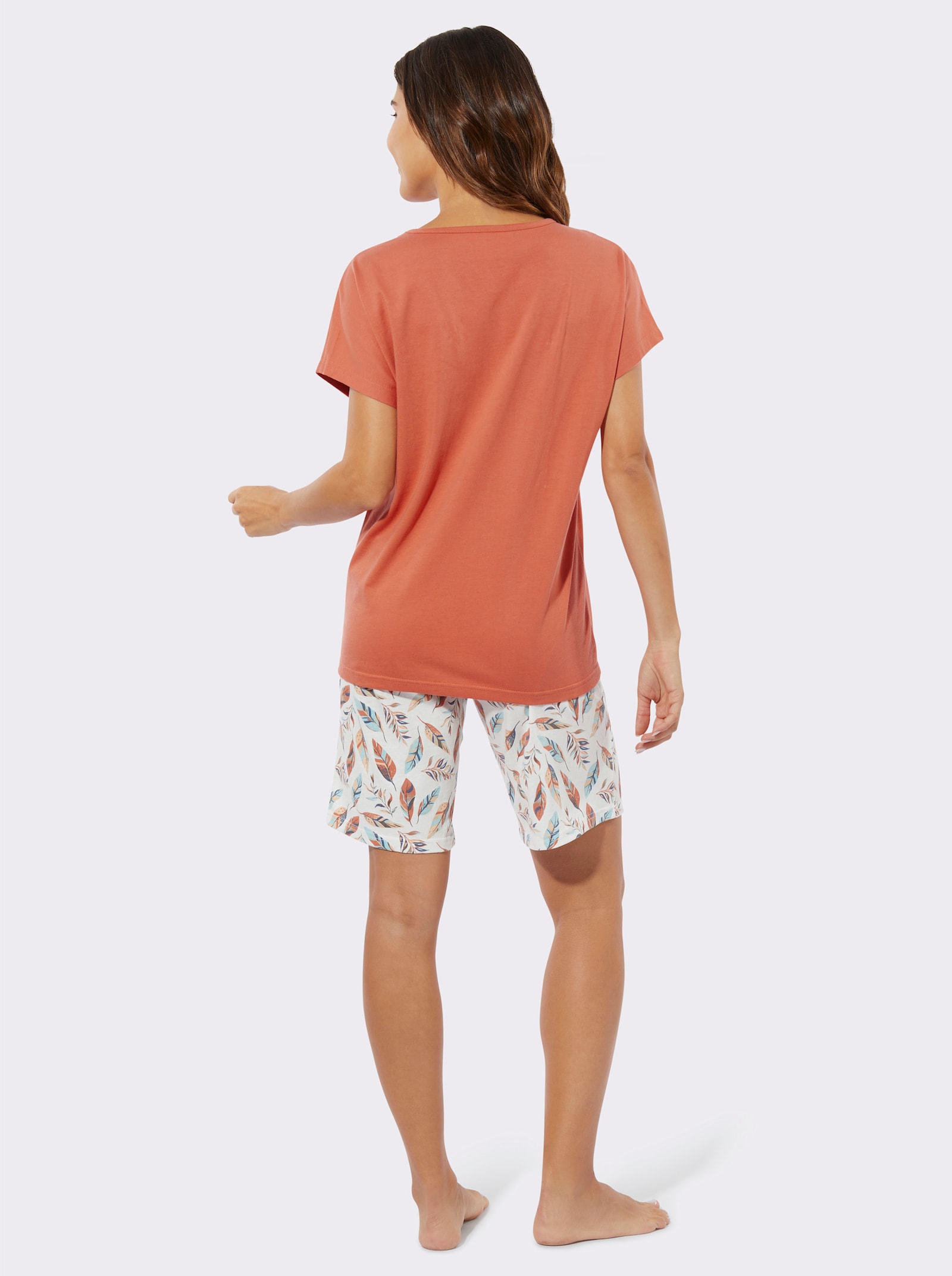 Krátké pyžamo s motivem peří - papája-potisk