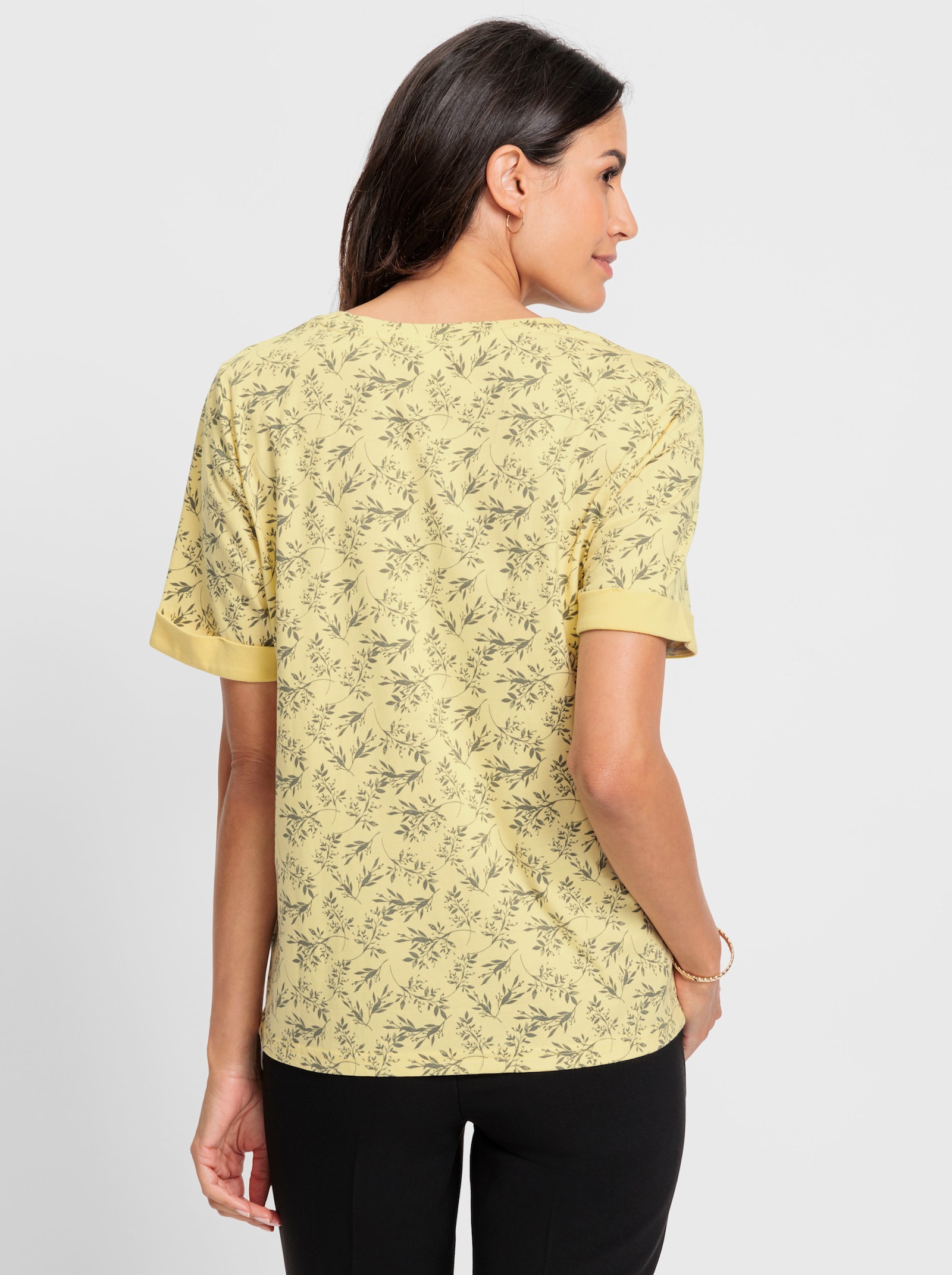 Shirt met print en omslag, effen - citroen bedrukt