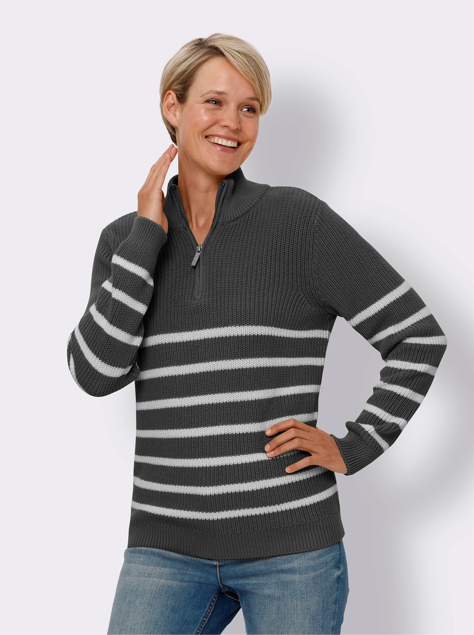 Pullover met opstaande kraag, gestreept - antraciet gemêleerd/ecru gestreept