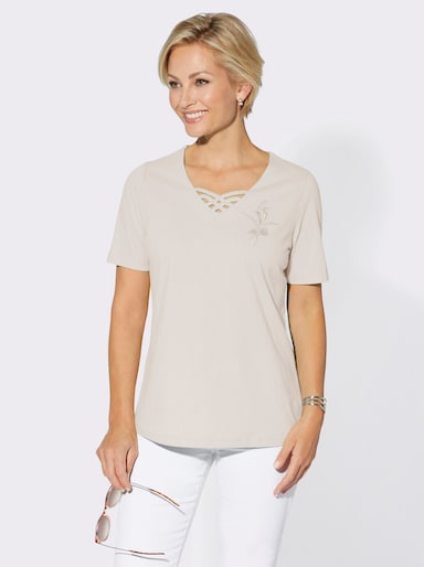 Kurzarmshirt mit Deko am V-Ausschnitt - weiß