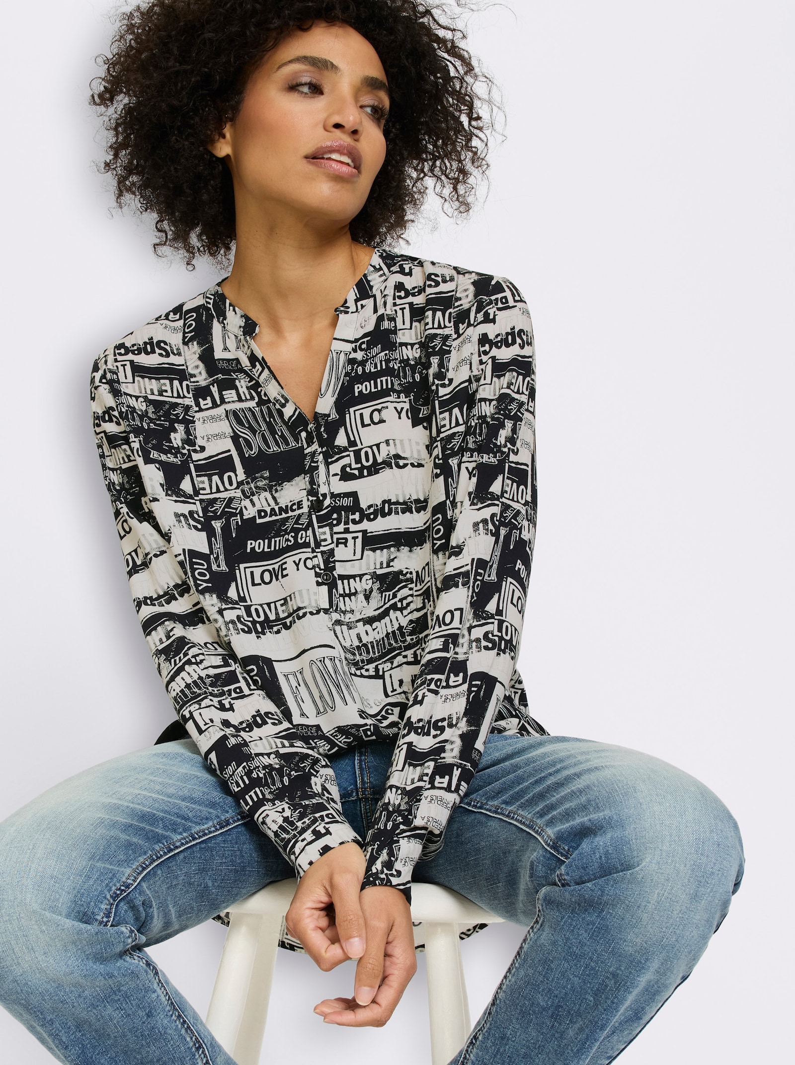 heine Druckbluse mit kurzer Knopfleiste - schwarz-weiß-bedruckt