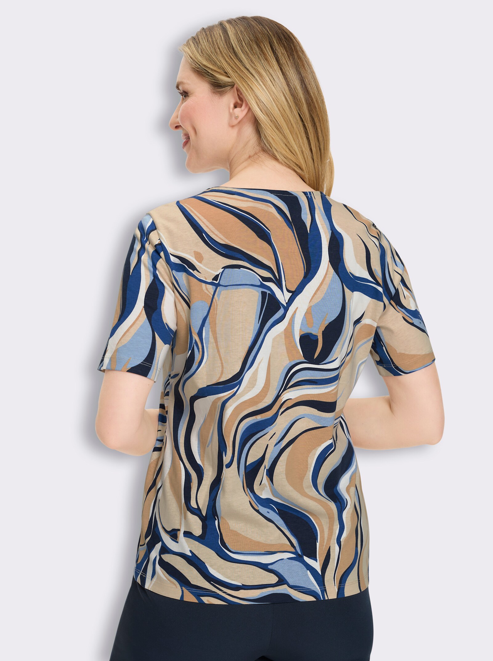 Kurzarmshirt mit Wellen-Muster, Baumwoll-Qualität - ecru-marine-bedruckt