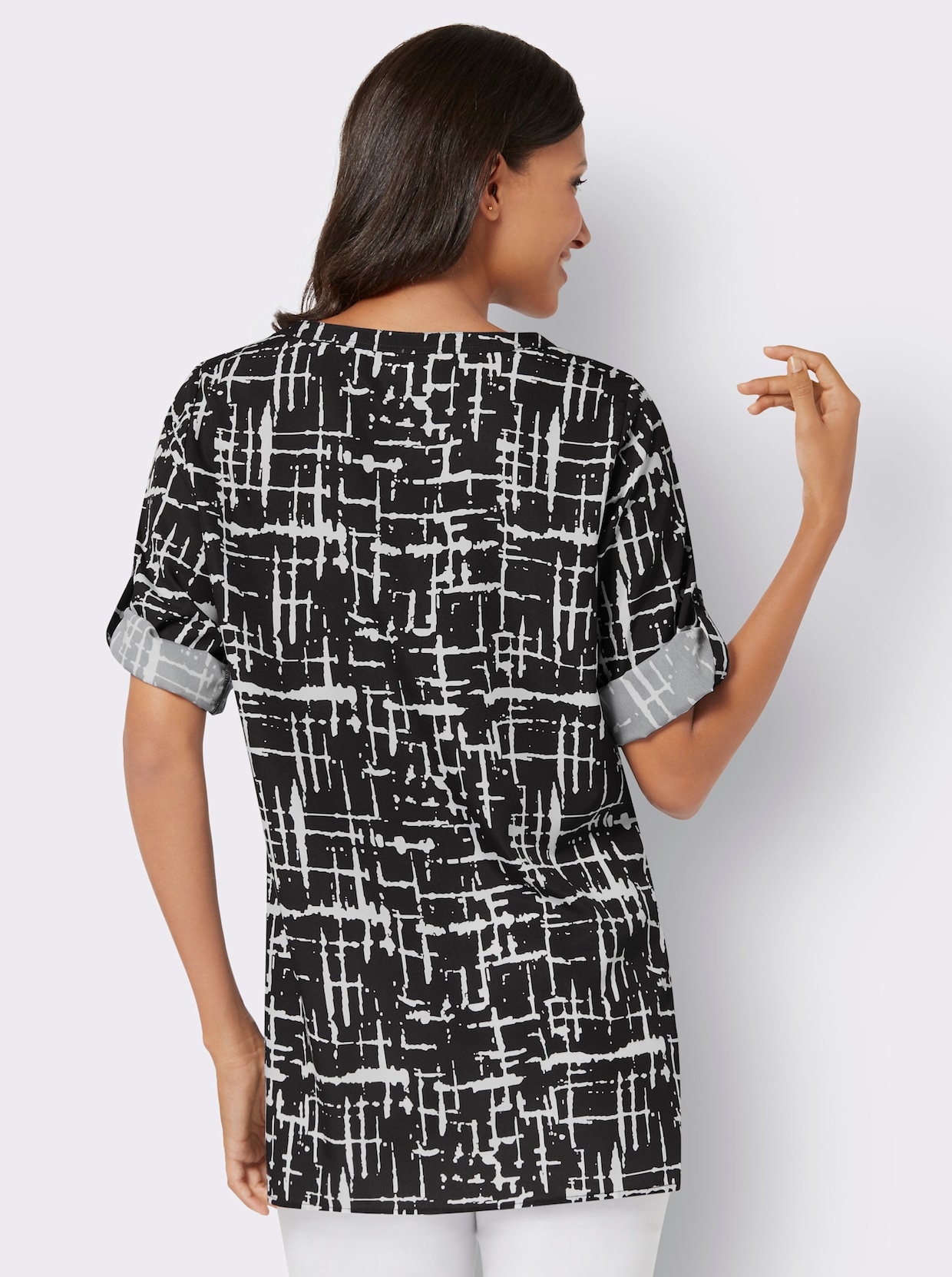 Longline blouse - zwart/ecru geprint