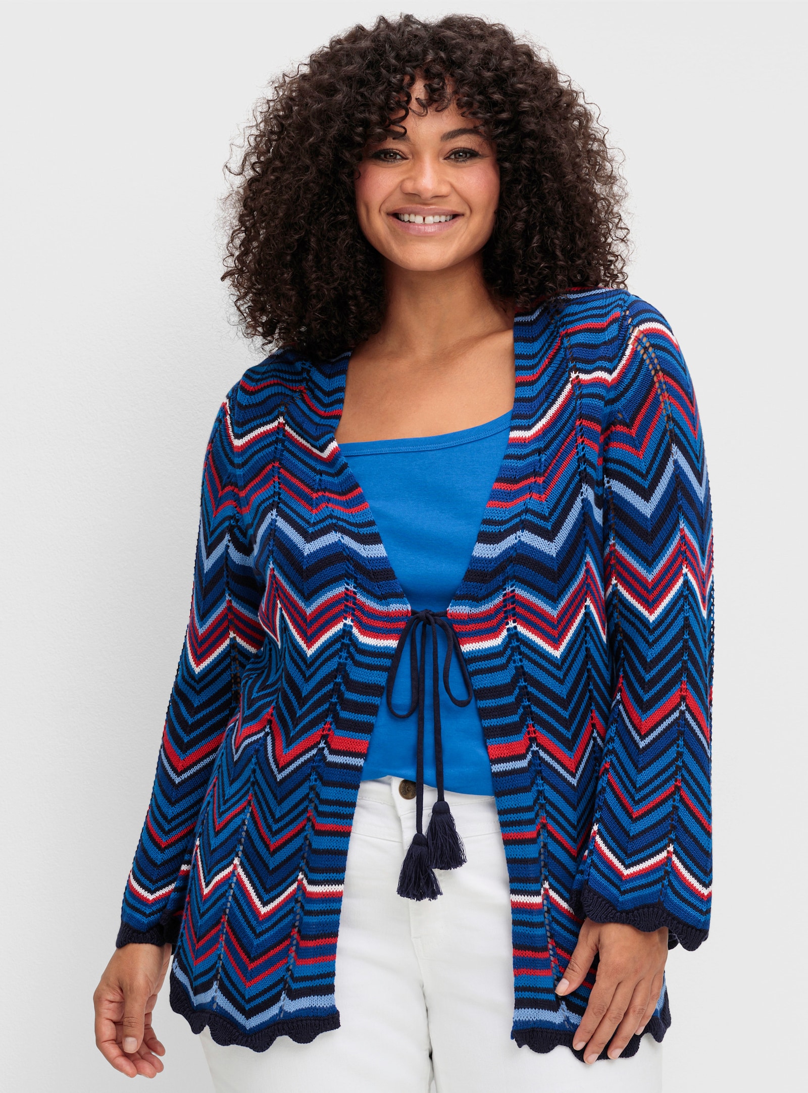 sheego Ajourstrickjacke im Zickzack-Muster - marine-gemustert