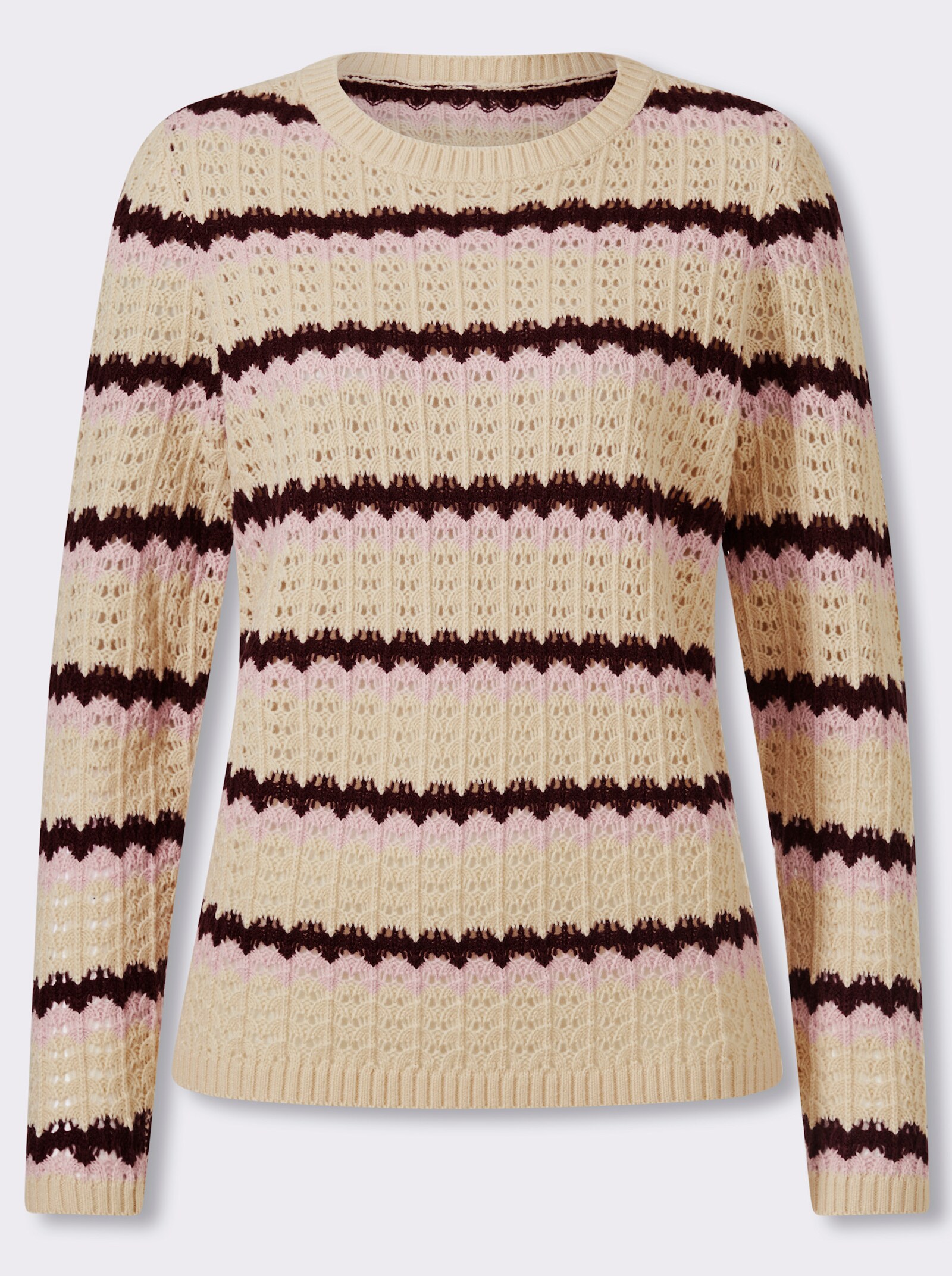 Langarm-Pullover in Ajourstrick - burgund-rosé-gestreift