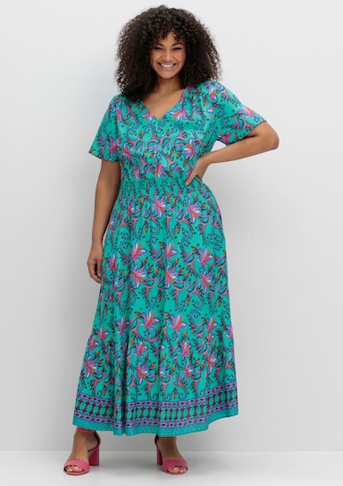 sheego by Joe Browns Maxikleid mit Blumendruck und Taillensmokbund - aqua-gemustert