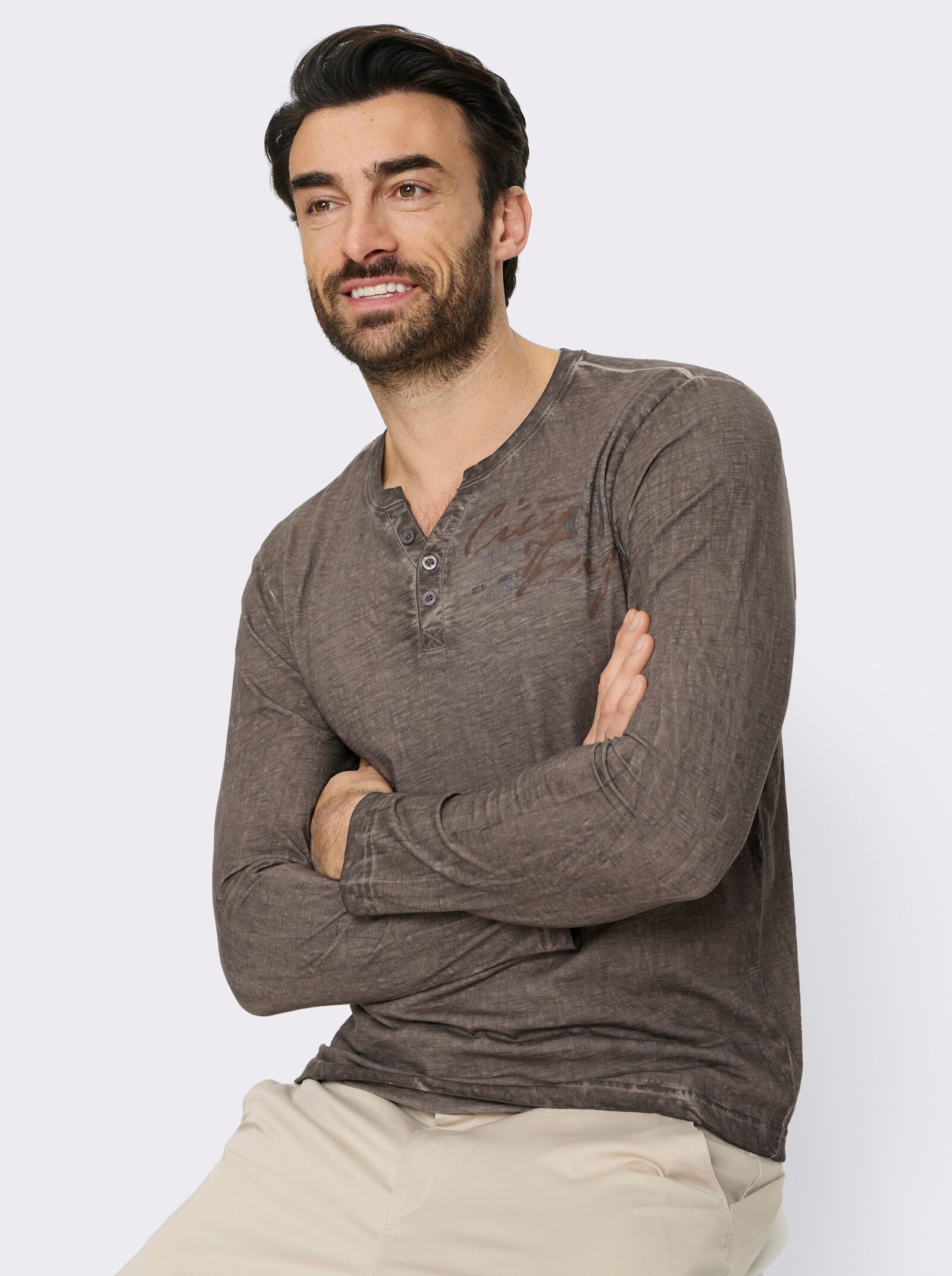Marco Donati Langarmshirt in Used-Optik - dunkeltaupe
