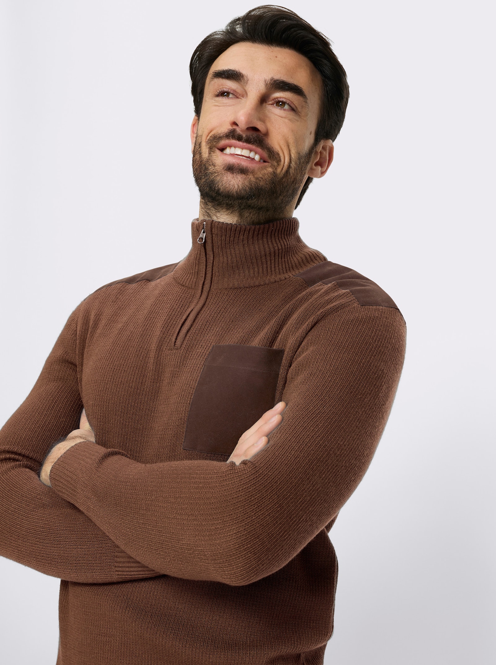 Catamaran Langarm-Pullover mit Kontrast-Details - braun-taupe-meliert