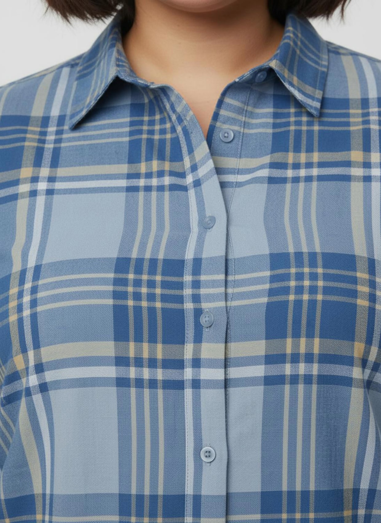 Karobluse mit Krempel-Ärmeln - eisblau-apricot-kariert