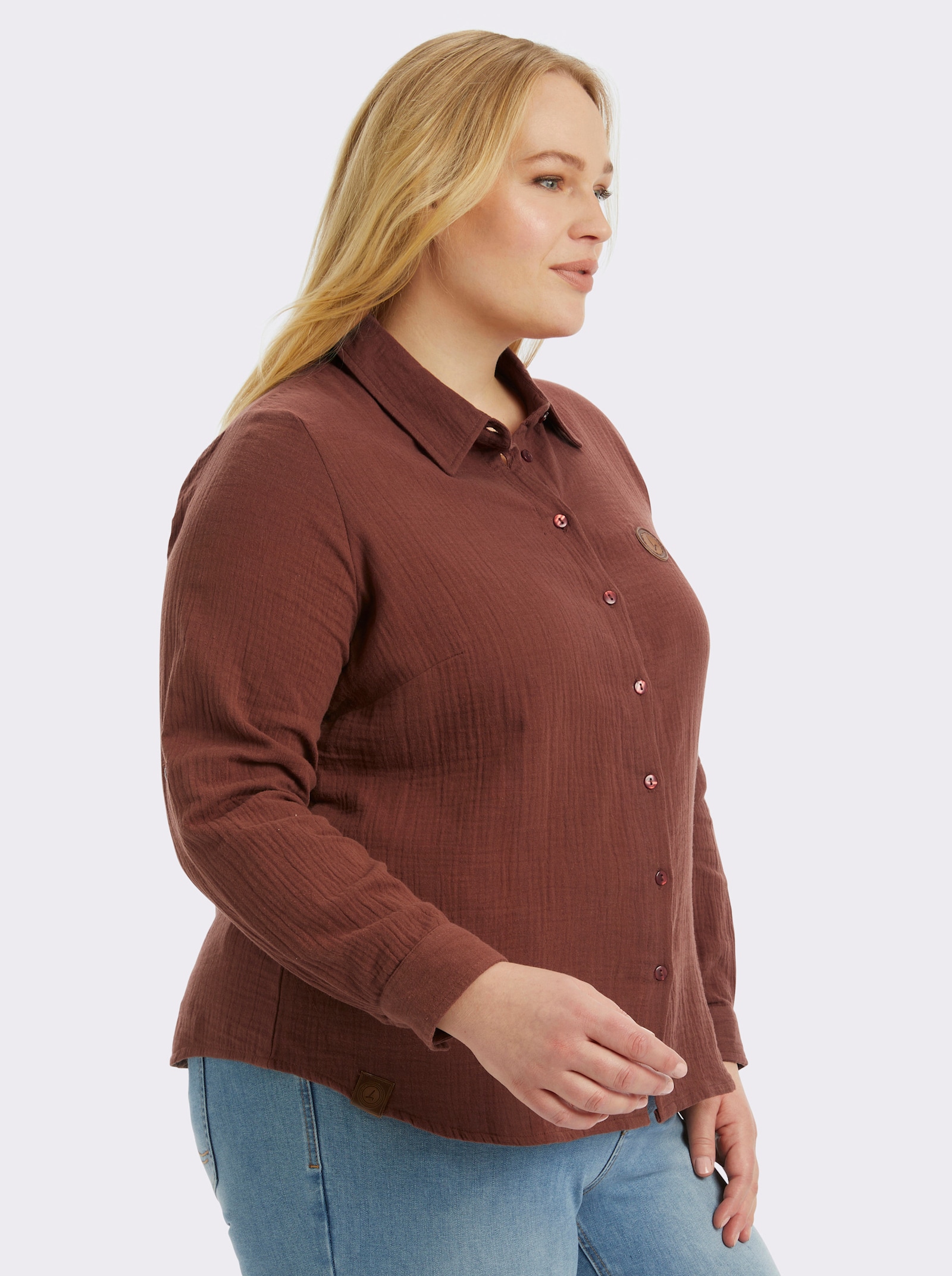 Baumwollbluse mit krempelbaren Ärmeln - rotbraun