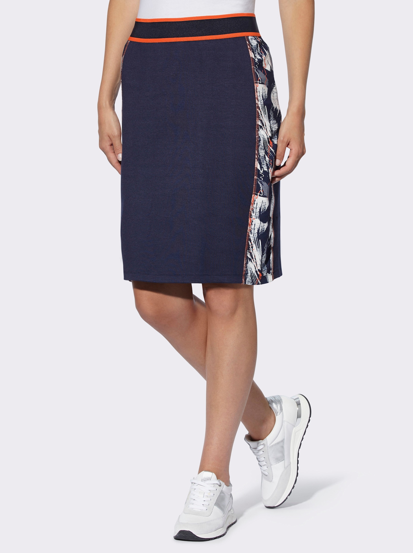 heine Jerseyrok met contrastinzetten - marine/wit geprint