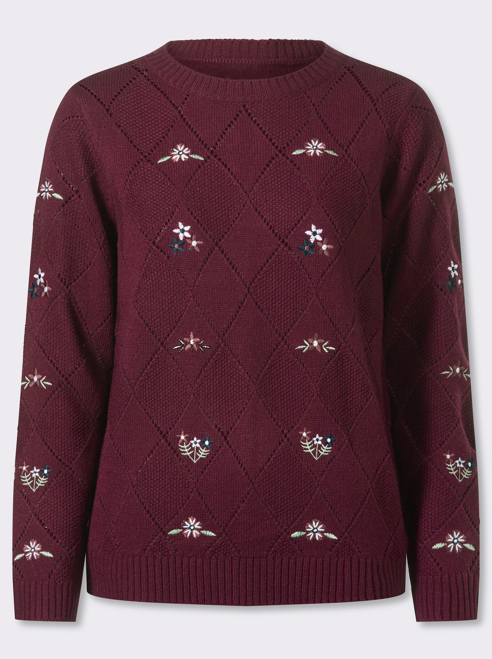 Ajourpullover mit floraler Stickerei - bordeaux
