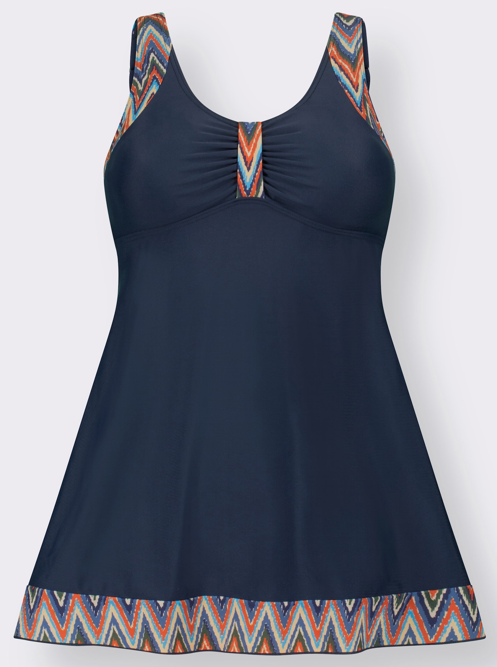 feel good Tankinitop met sierrand - marine/bont bedrukt