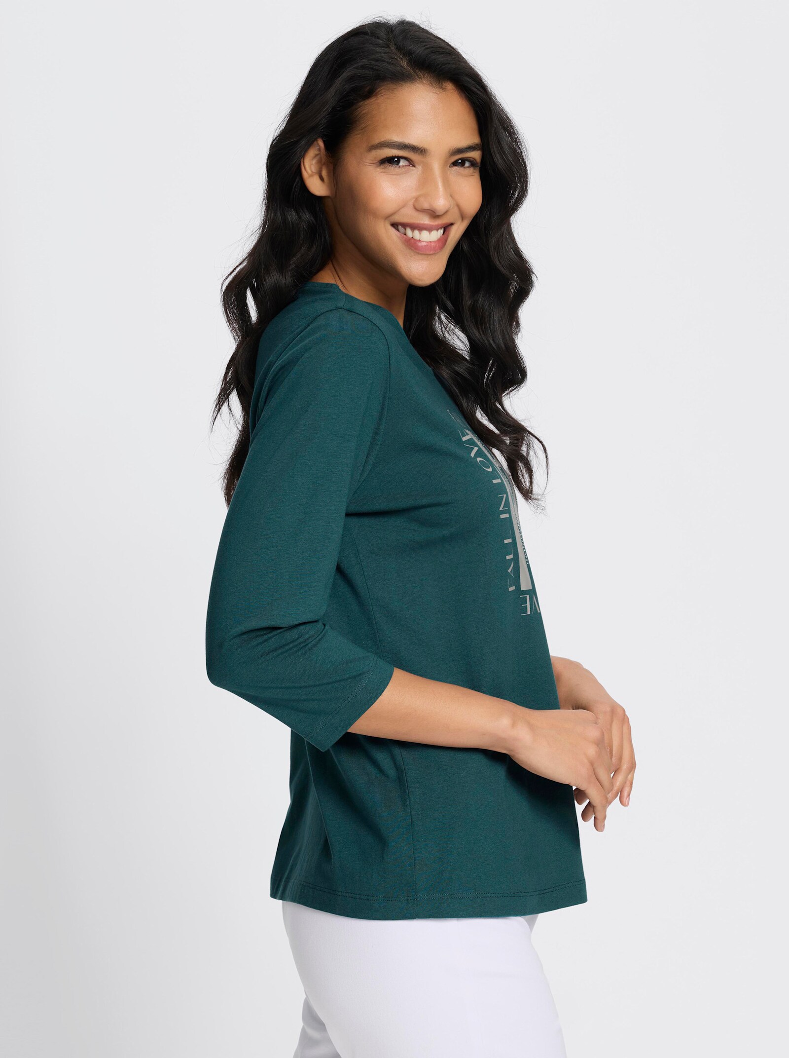 3/4-Arm-Shirt mit Glitzerdruck - petrol-grau