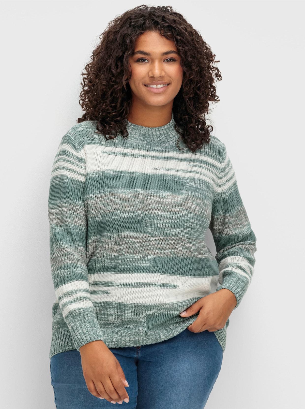 Stehkragenpullover mit Streifen-Muster - wintertürkis-meliert