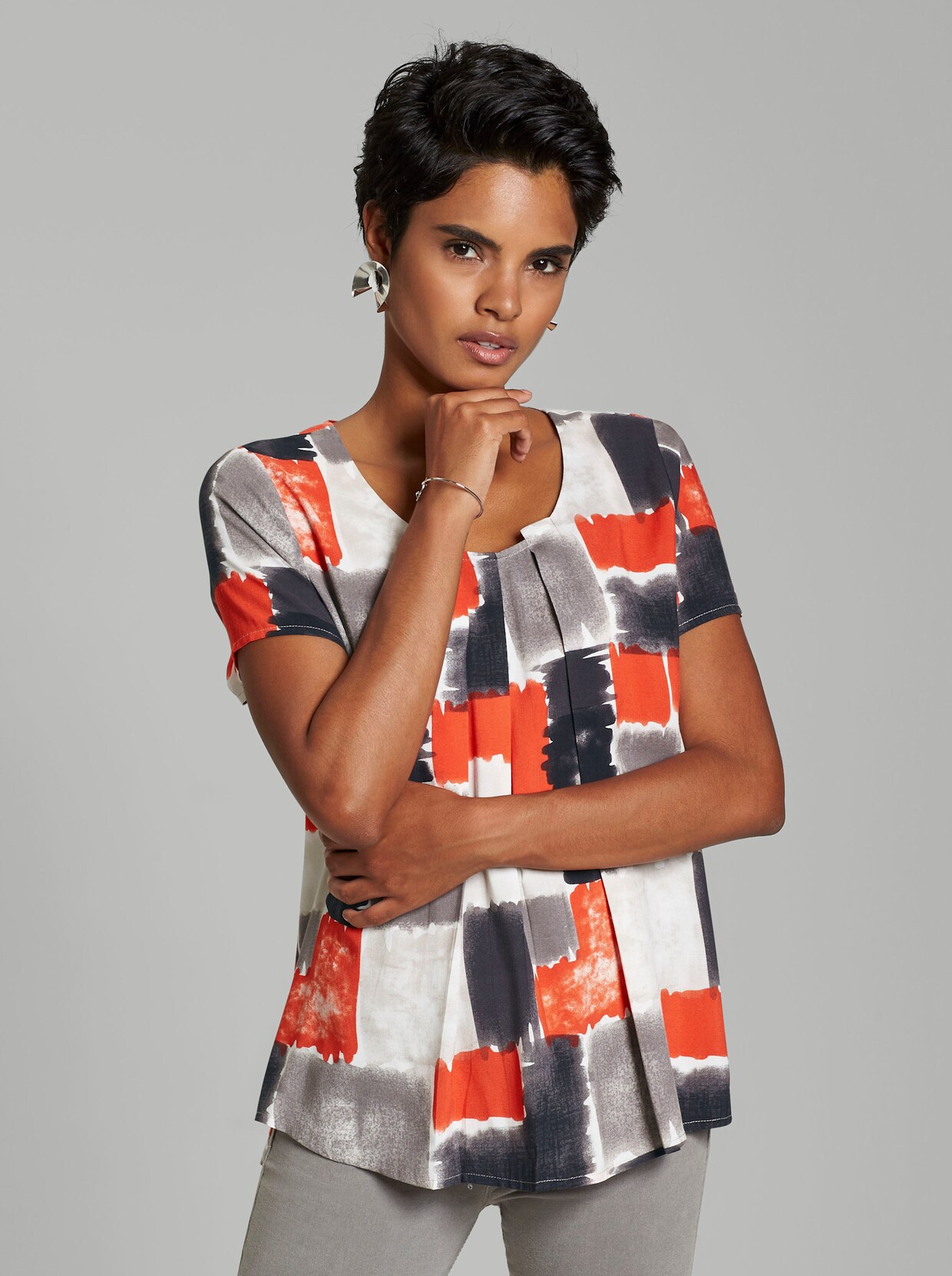 Kurzarm-Bluse - weiss-bedruckt